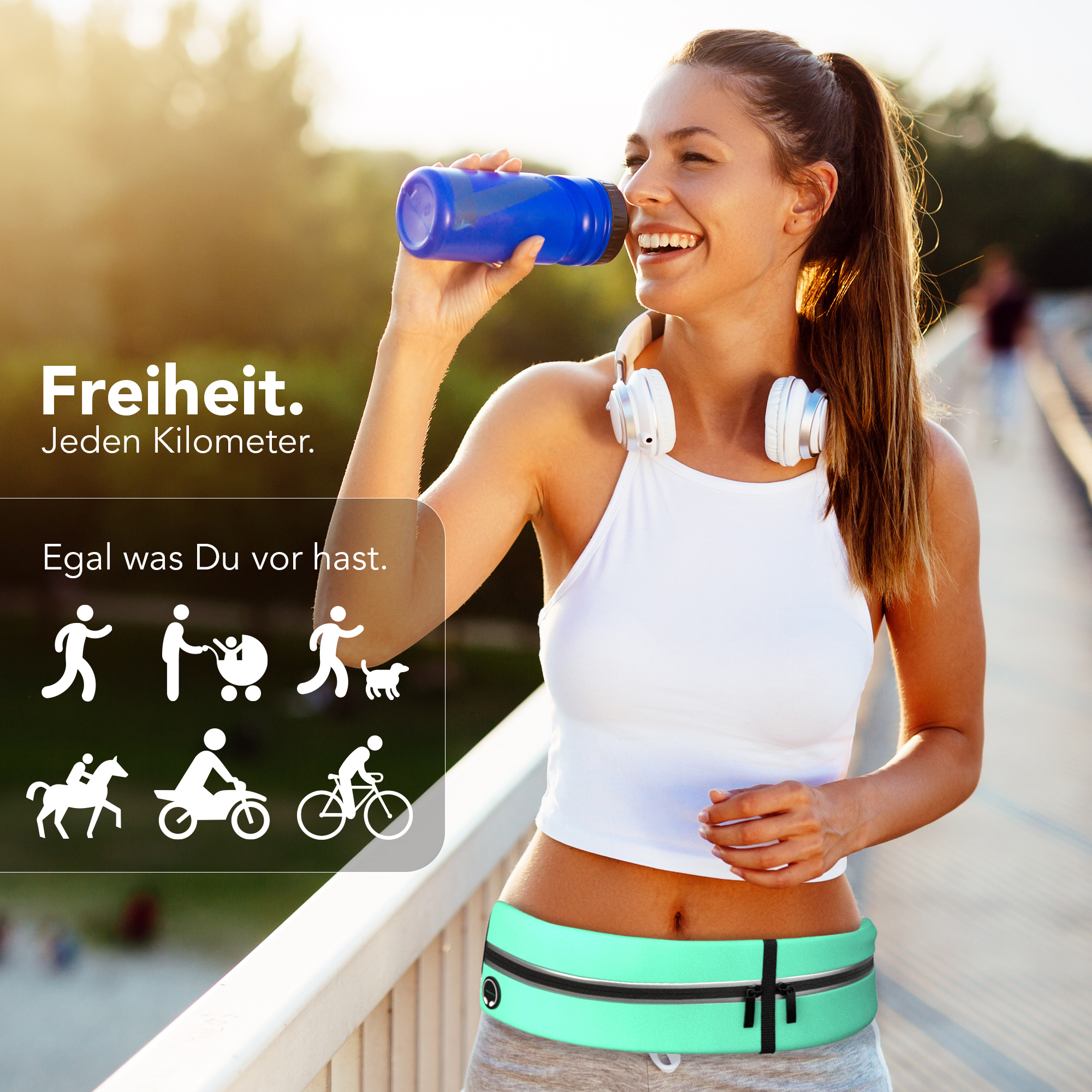 Frau trinkt Wasser, trägt Gürtel. Symbole für Aktivitäten links.