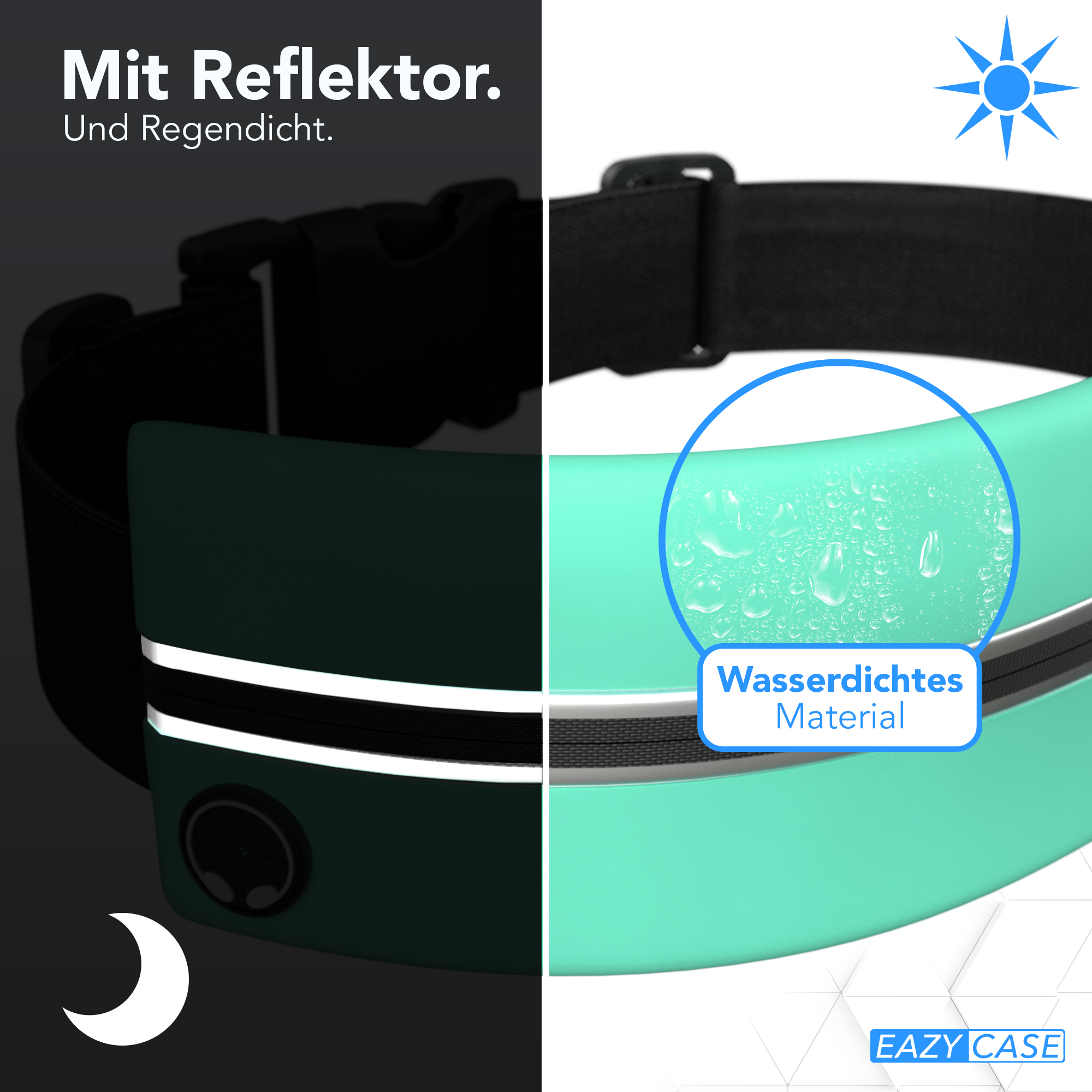 Hundehalsband. Dunkle und helle Abschnitte. Reflektierender Streifen, wasserdichtes Material und Sonnensymbol.