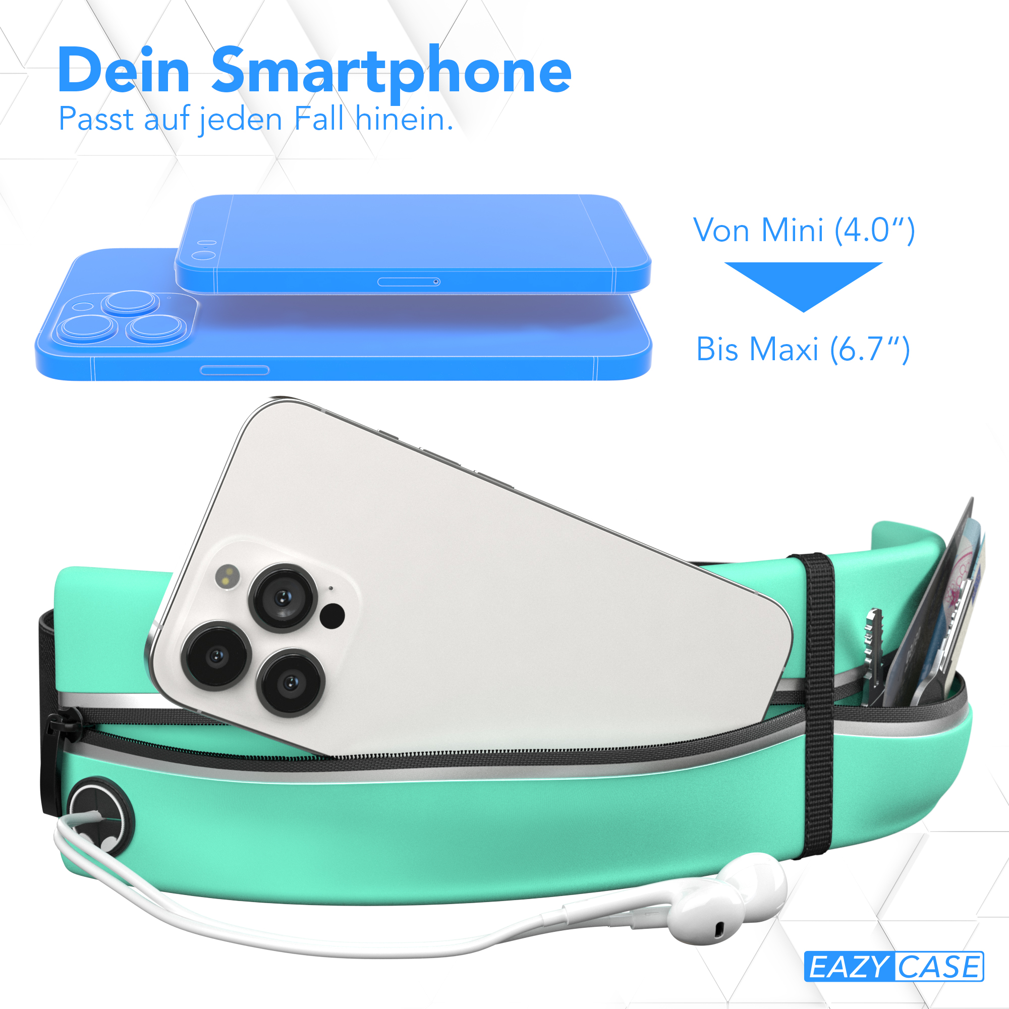Blaue Handyhüllen mit weißem Telefon und Kopfhörern in einer türkisfarbenen Bauchtasche. Texte werden angezeigt.