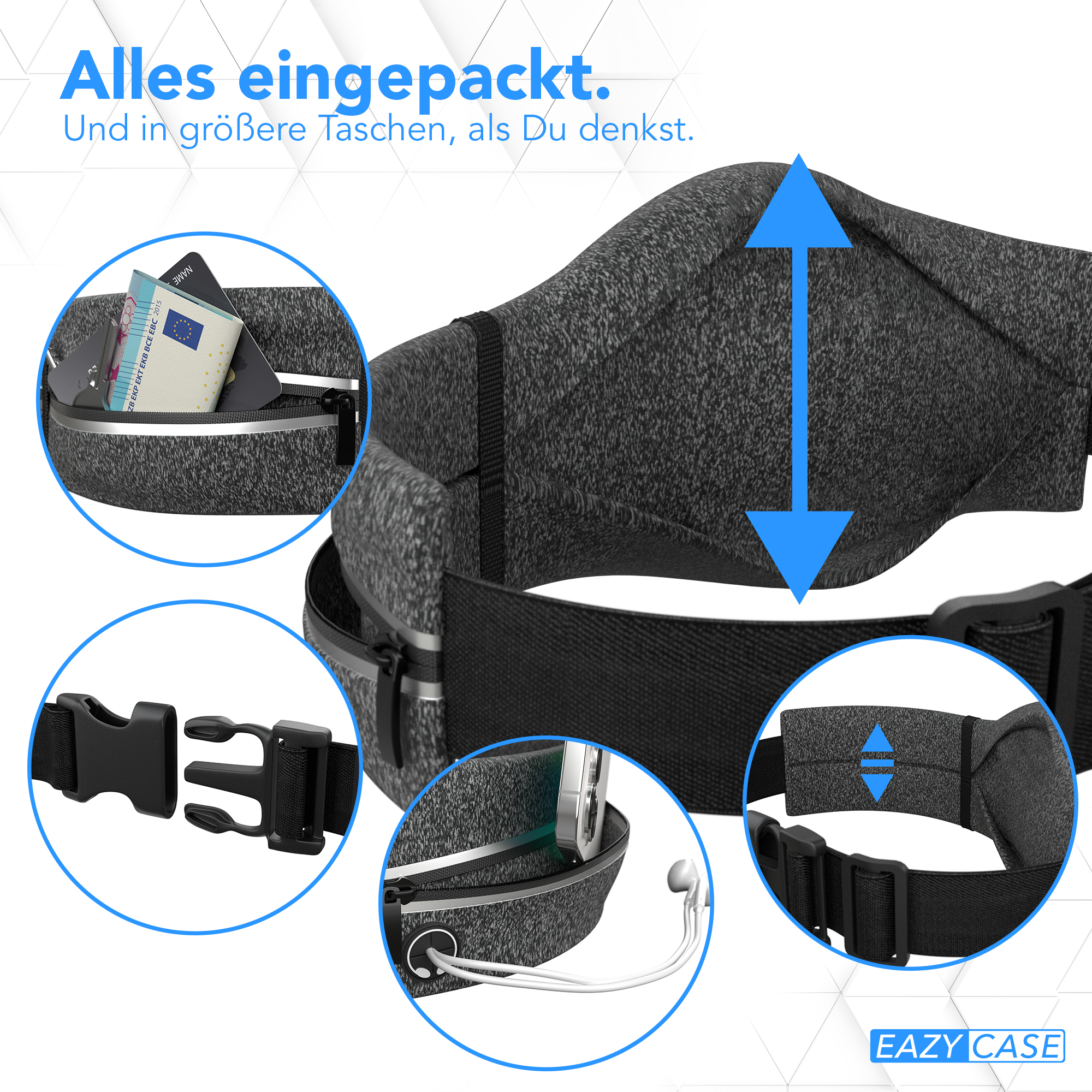 Graue Bauchtasche mit mehreren Taschen, Reißverschlüssen und Schnalle. Enthält Gegenstände wie eine Karte und ein Telefon.
