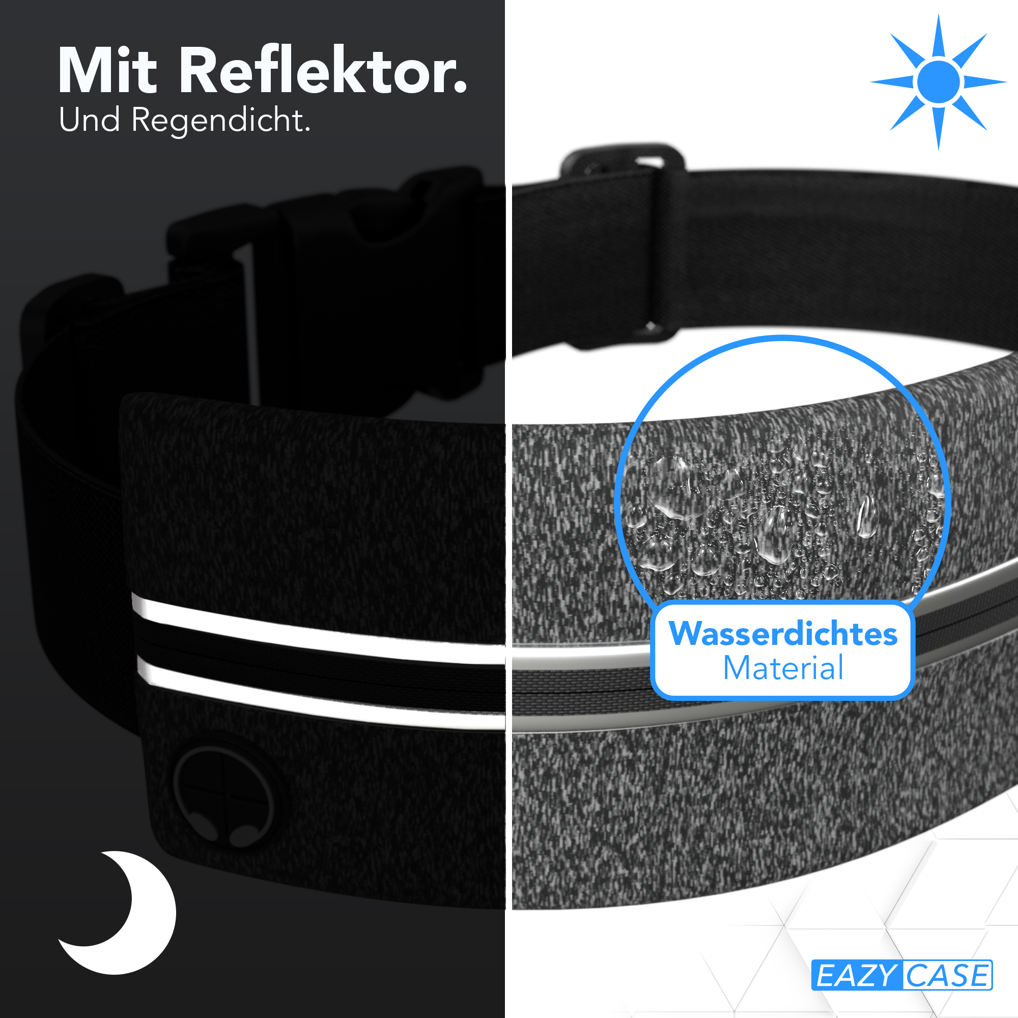 Ein schwarzer und grauer Kragen mit reflektierendem Streifen und wasserdichtem Material. Der Kragen ist dunkel und hell.
