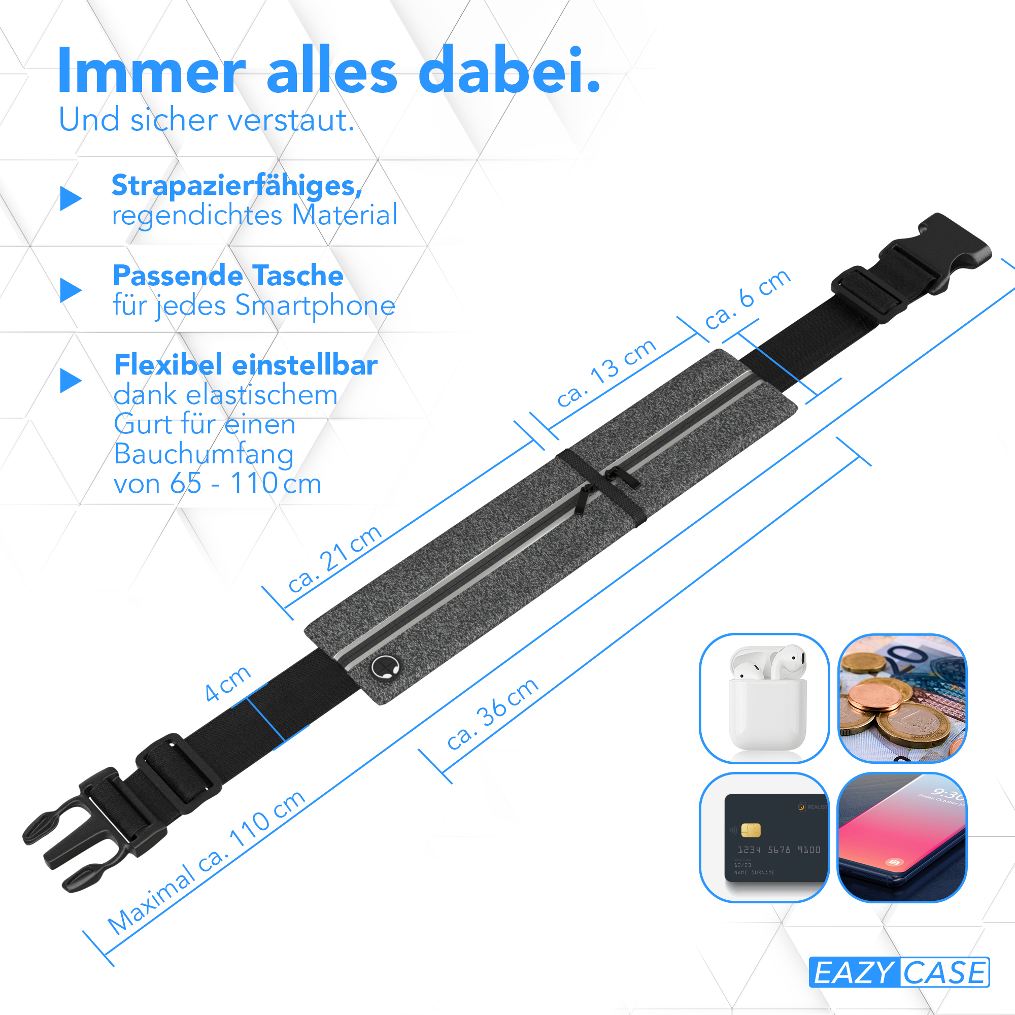 Ein schwarzer Gurt mit einer Tasche, Schnalle und Gegenständen wie AirPods, Münzen und einem Telefon.