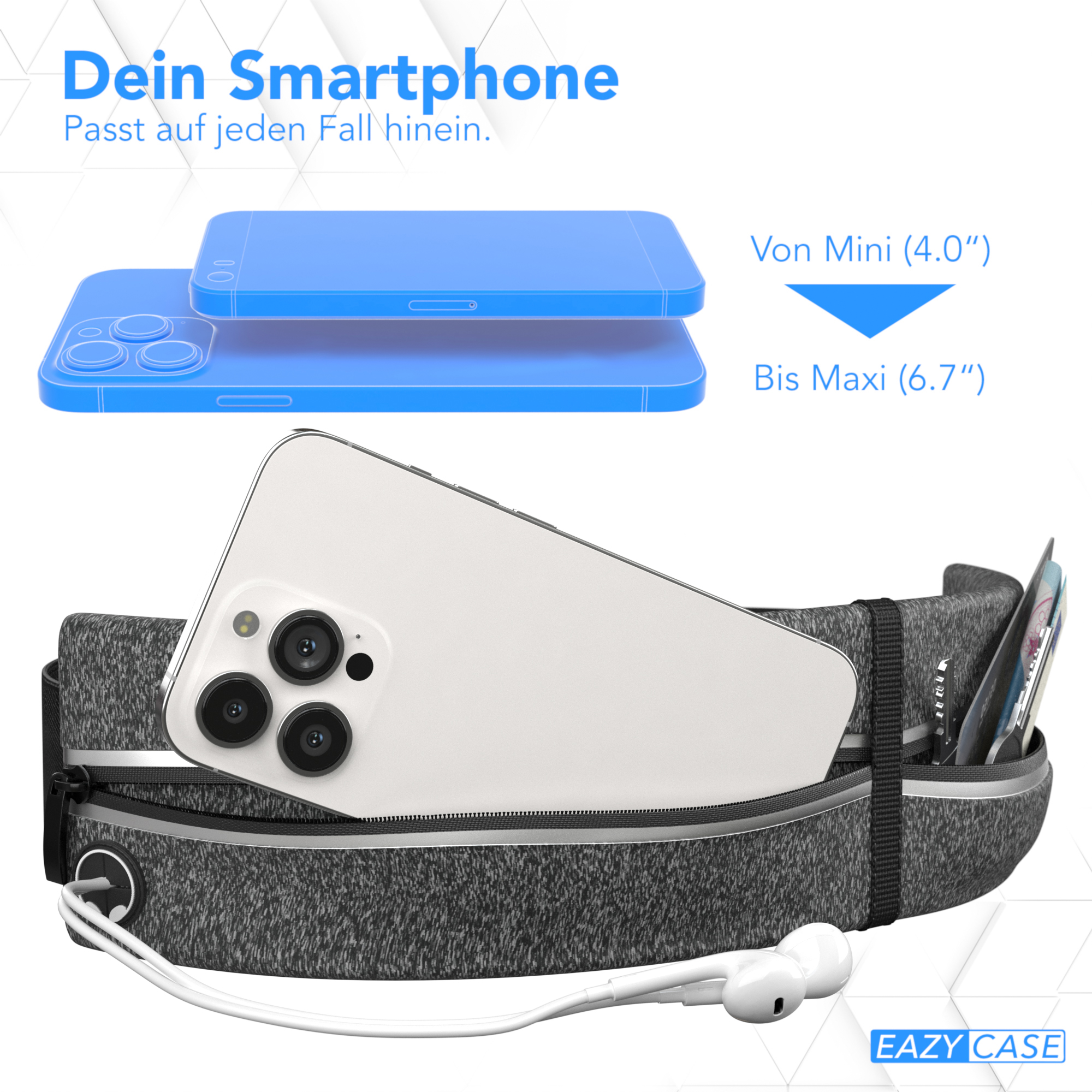 Graue Bauchtasche mit Smartphone und Kopfhörern. Verschiedene Größen gezeigt.