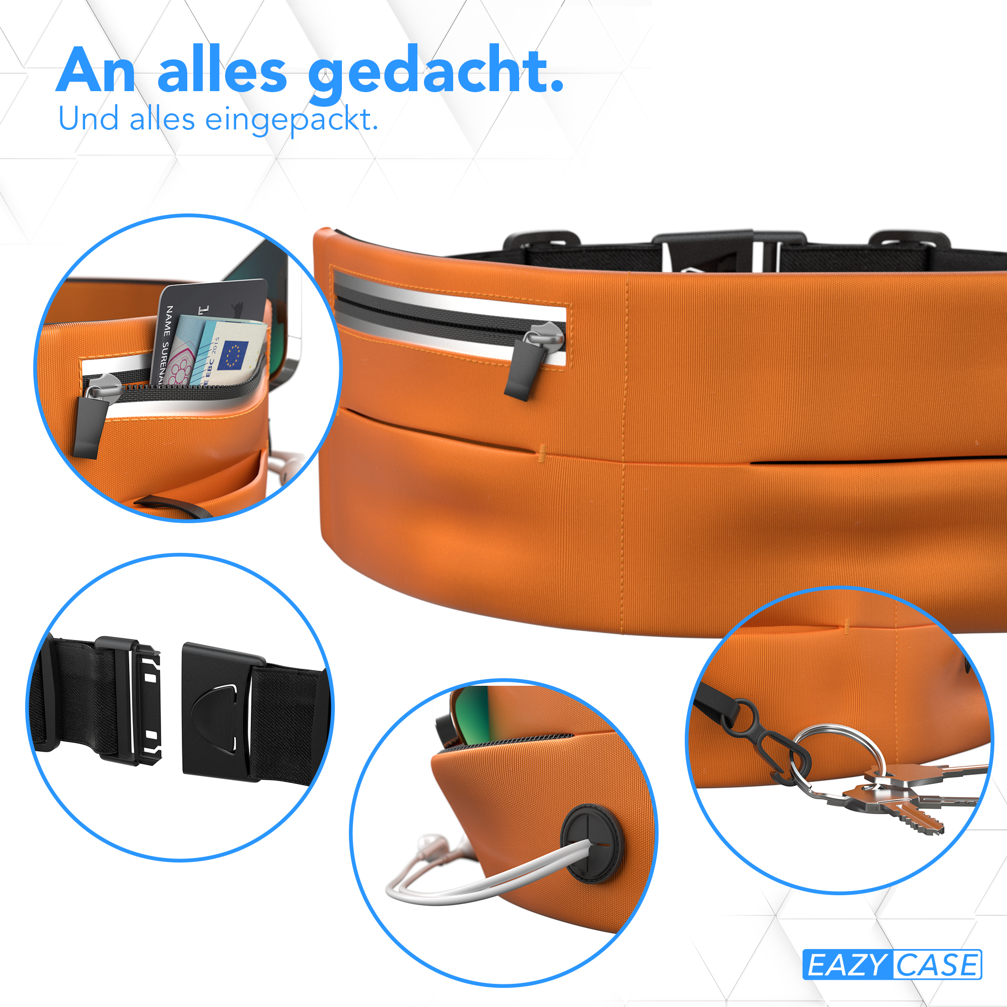 Eine orangefarbene Bauchtasche mit mehreren Taschen und Reißverschlüssen. Details gezeigt. Weißer Hintergrund.