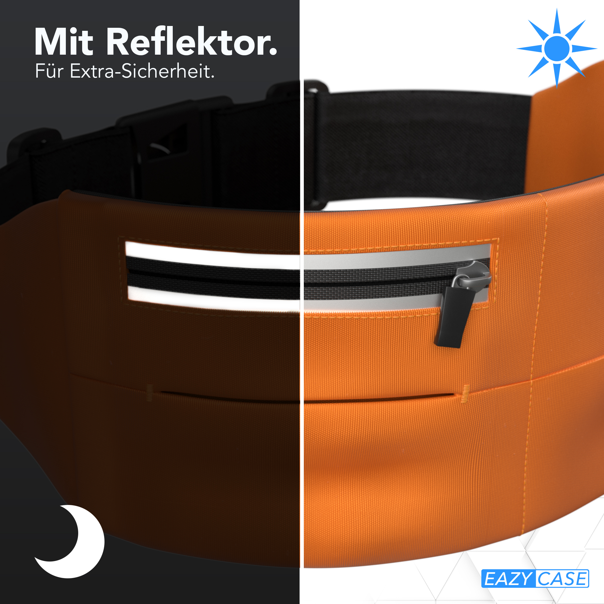 Eine orangefarbene Bauchtasche mit reflektierendem Streifen und Reißverschluss, bei Tag und Nacht dargestellt.