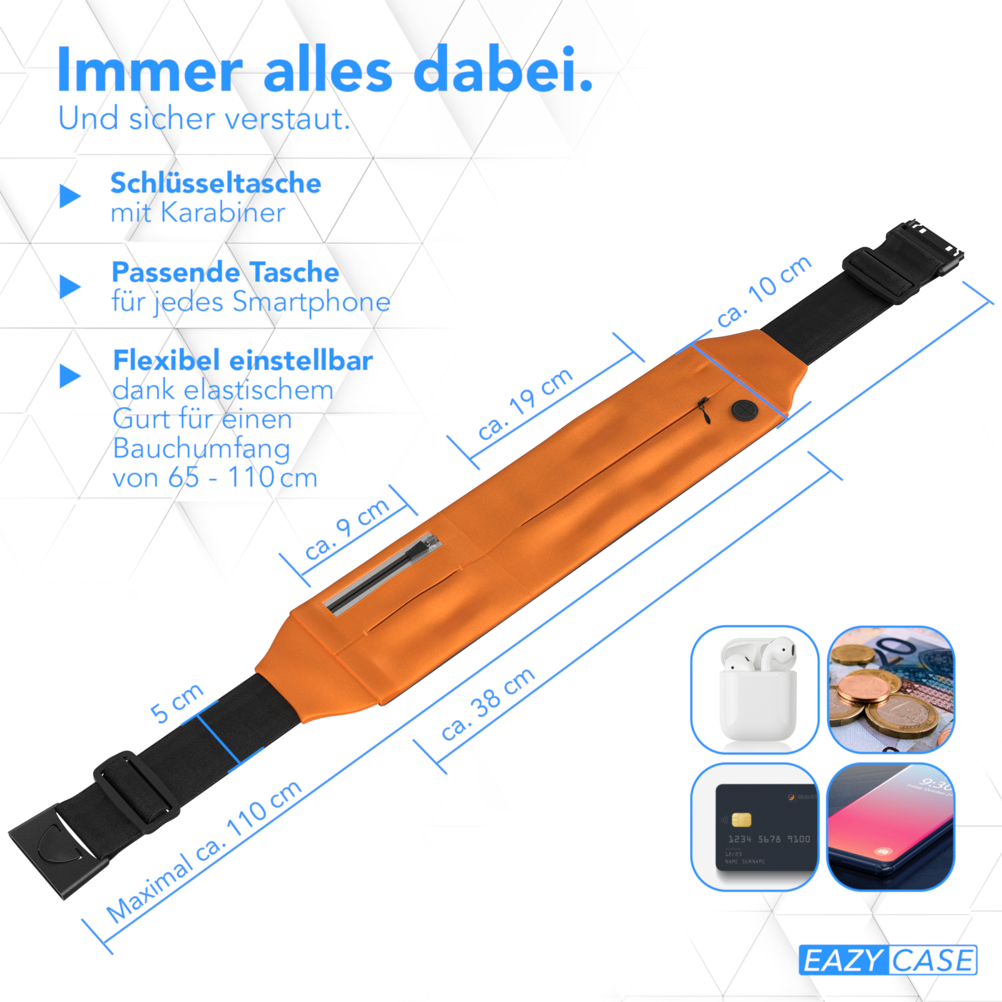 Eine orangefarbene Hüfttasche mit Größenangaben. Kreditkarte, Telefon und Kopfhörer sind abgebildet.