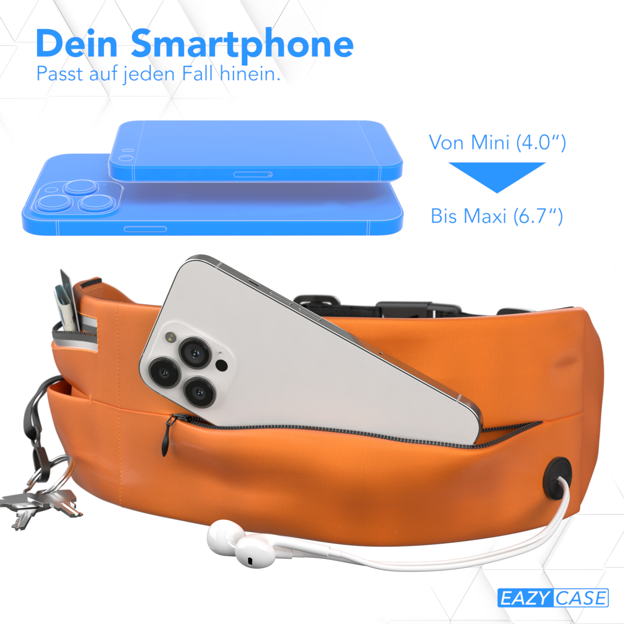 Orangefarbene Bauchtasche mit Telefon, Schlüsseln und Kopfhörern.