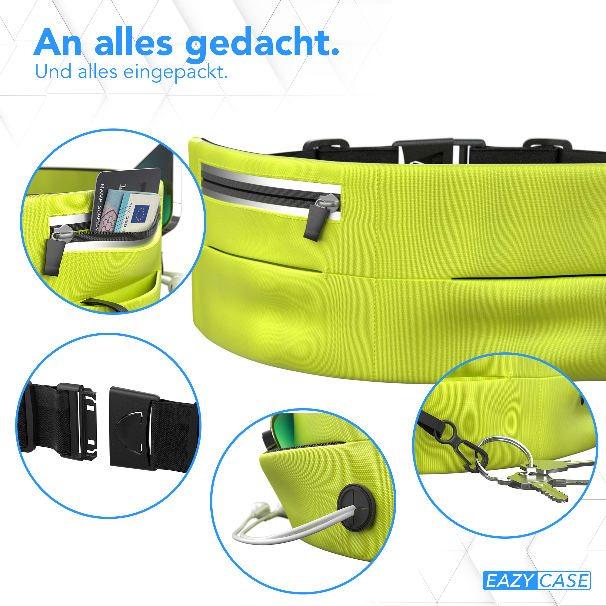 Grüne Bauchtasche mit mehreren Fächern und Reißverschlüssen. Enthält Schlüssel und eine Karte. Schwarzer Schnallenverschluss.