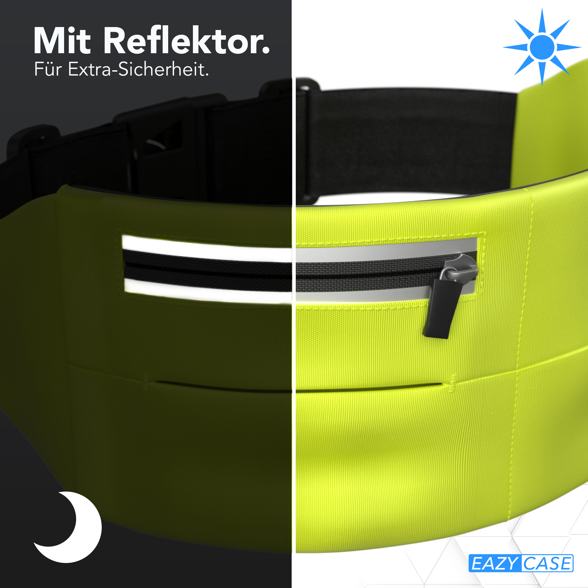 Ein neongrüner Laufgürtel mit Reißverschluss und Reflexstreifen.