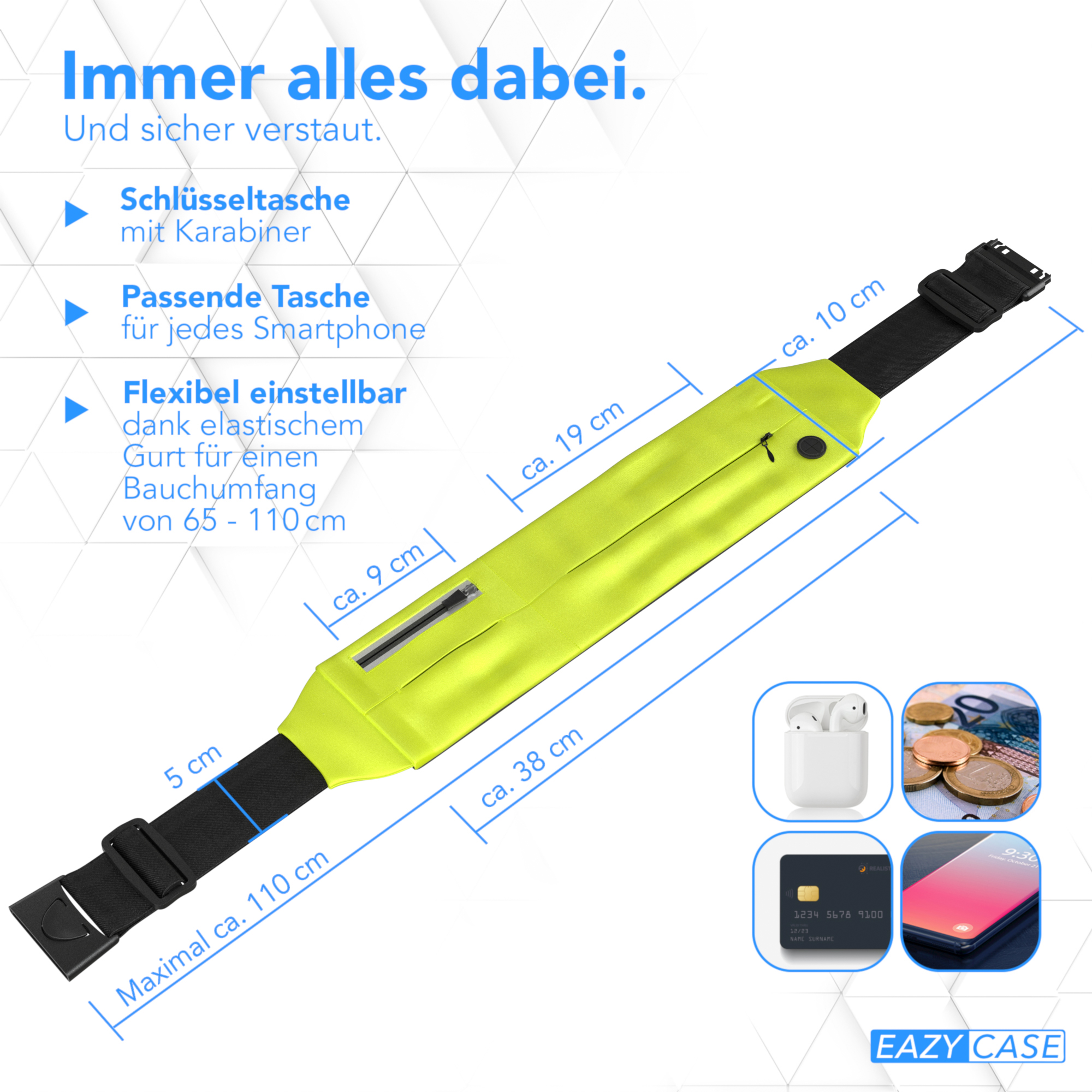 Gelber Eazycase-Gürtel mit Maßen und Zubehör. Enthält ein Telefon, Geld und eine Kreditkarte.