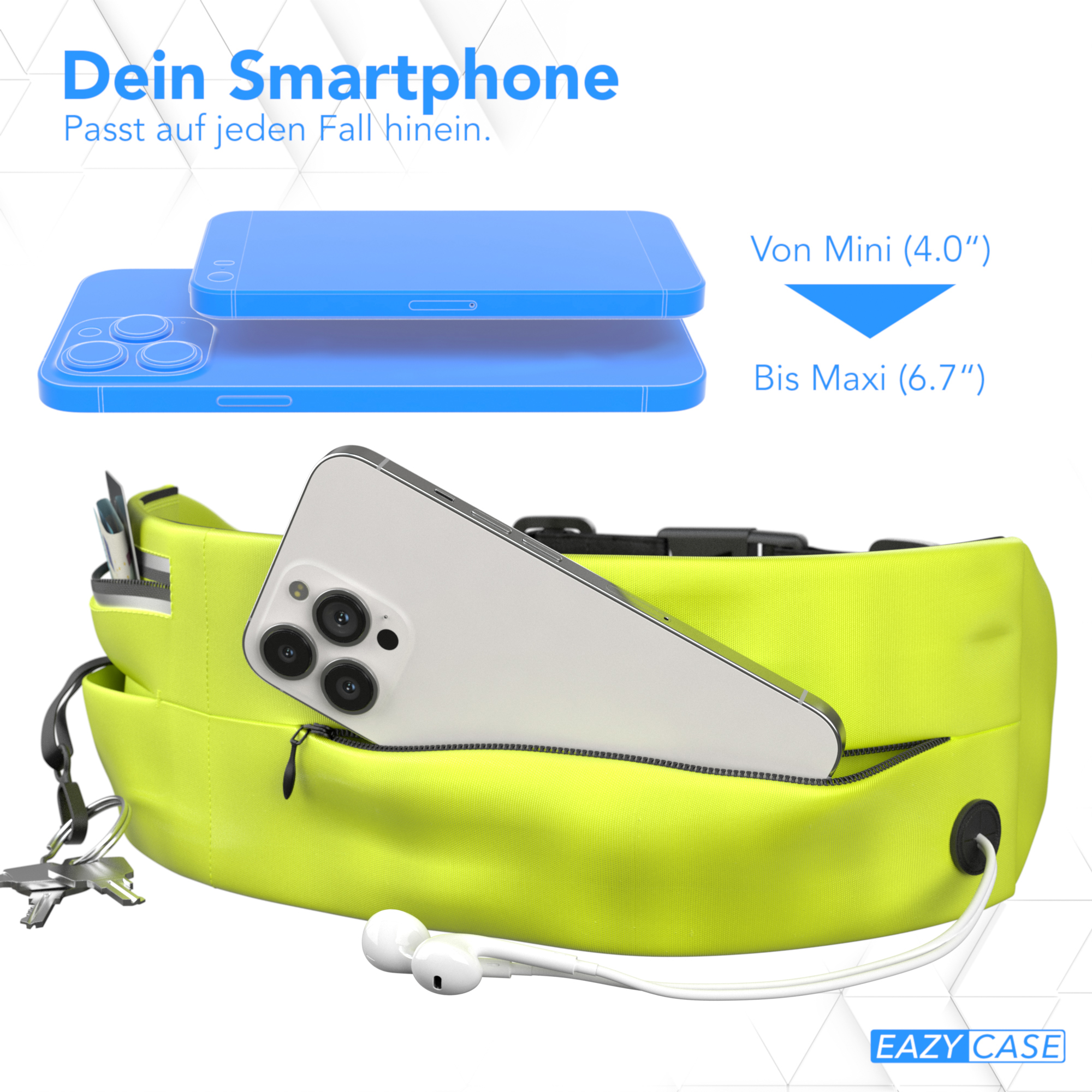 Eine gelbe Bauchtasche mit einem Telefon darin, zeigt Größenvergleich. Weißer Hintergrund.