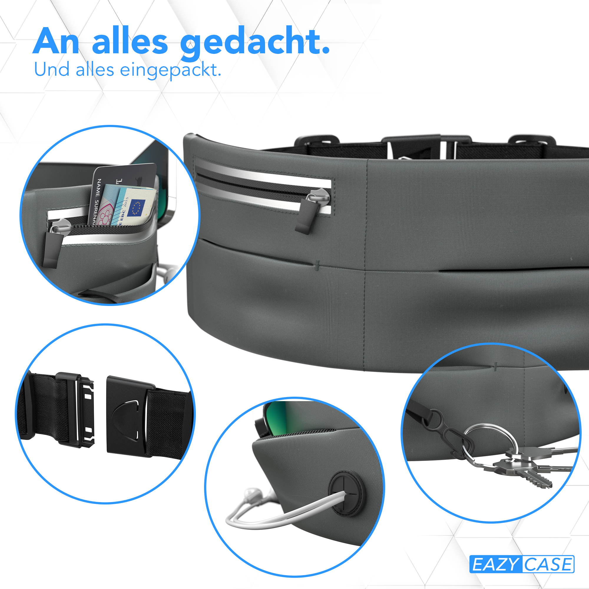 Graue Bauchtasche mit mehreren Fächern, zeigt Details wie Reißverschluss und Schnalle.