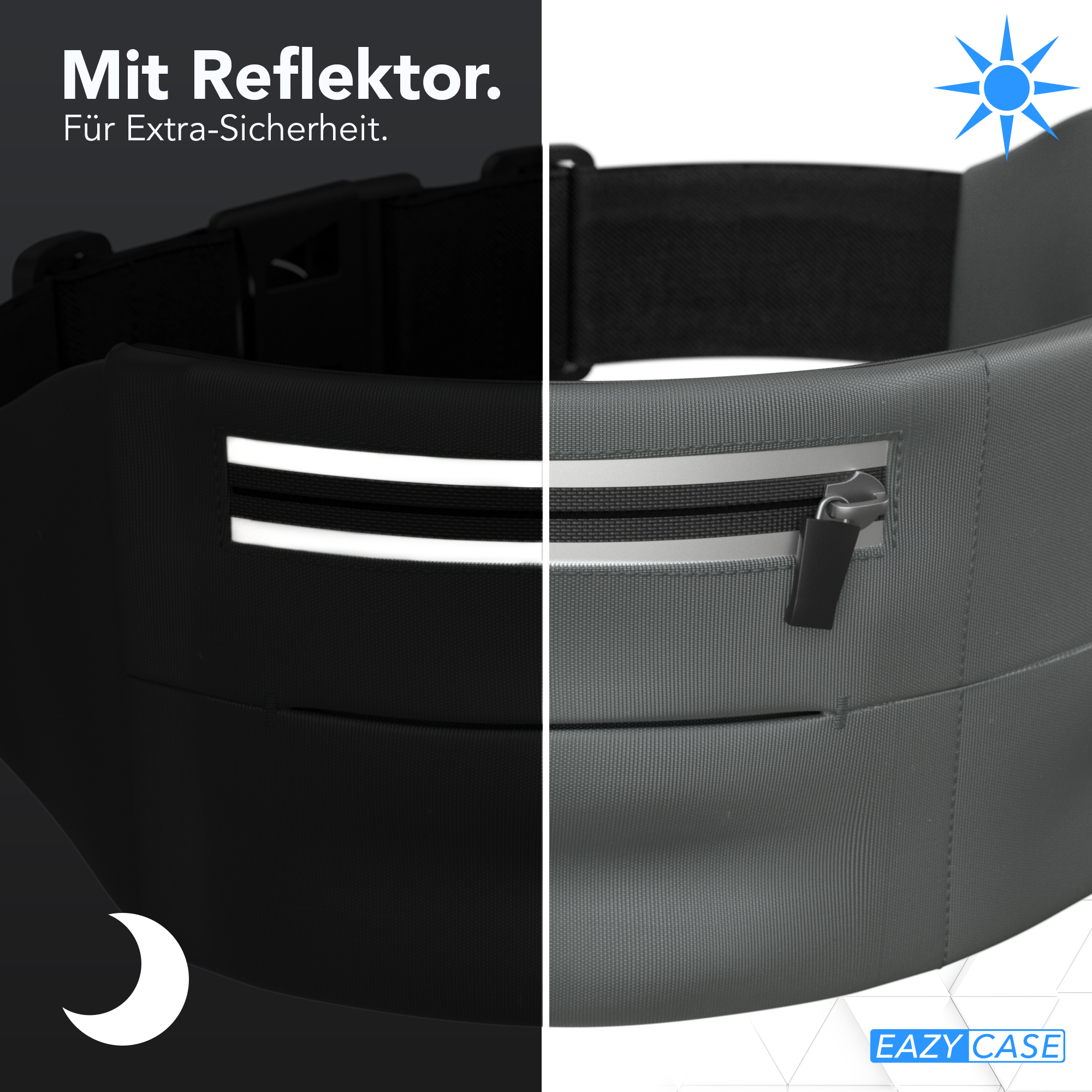 Ein dunkelgrauer Gürtel mit Reflektor und Reißverschluss. Die linke Seite ist dunkel, die rechte zeigt den Gürtel.