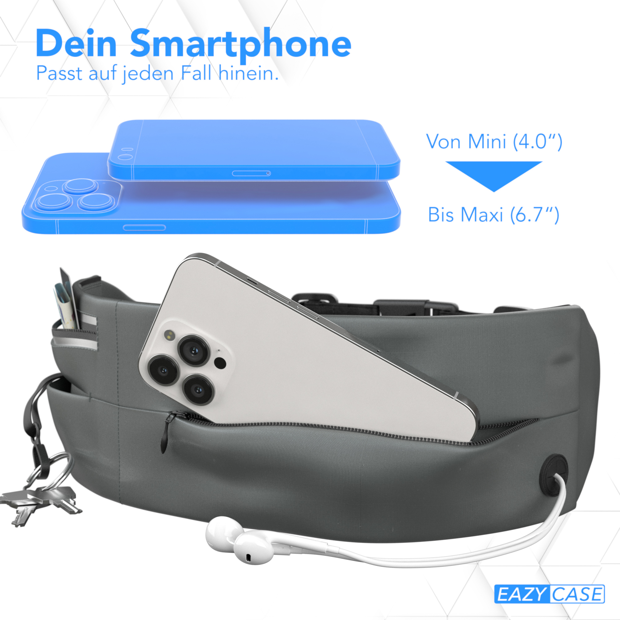 Graue Bauchtasche mit Telefon und Zubehör. Weißes Telefon, Ohrhörer, Schlüssel. Passt für Mini- bis Maxi-Telefone.