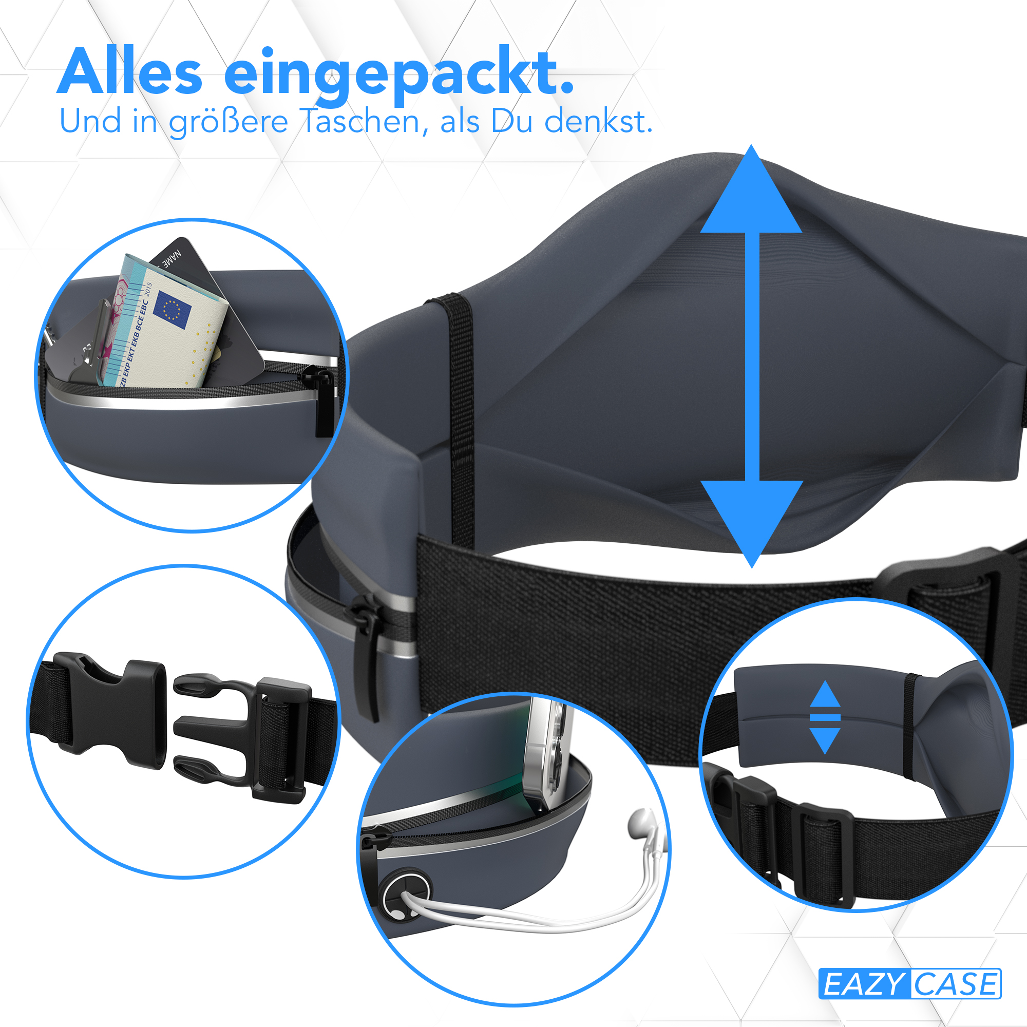 Eine Nahaufnahme, die das Innere und die Eigenschaften einer dunkelgrauen Bauchtasche mit verschiedenen Fächern zeigt.