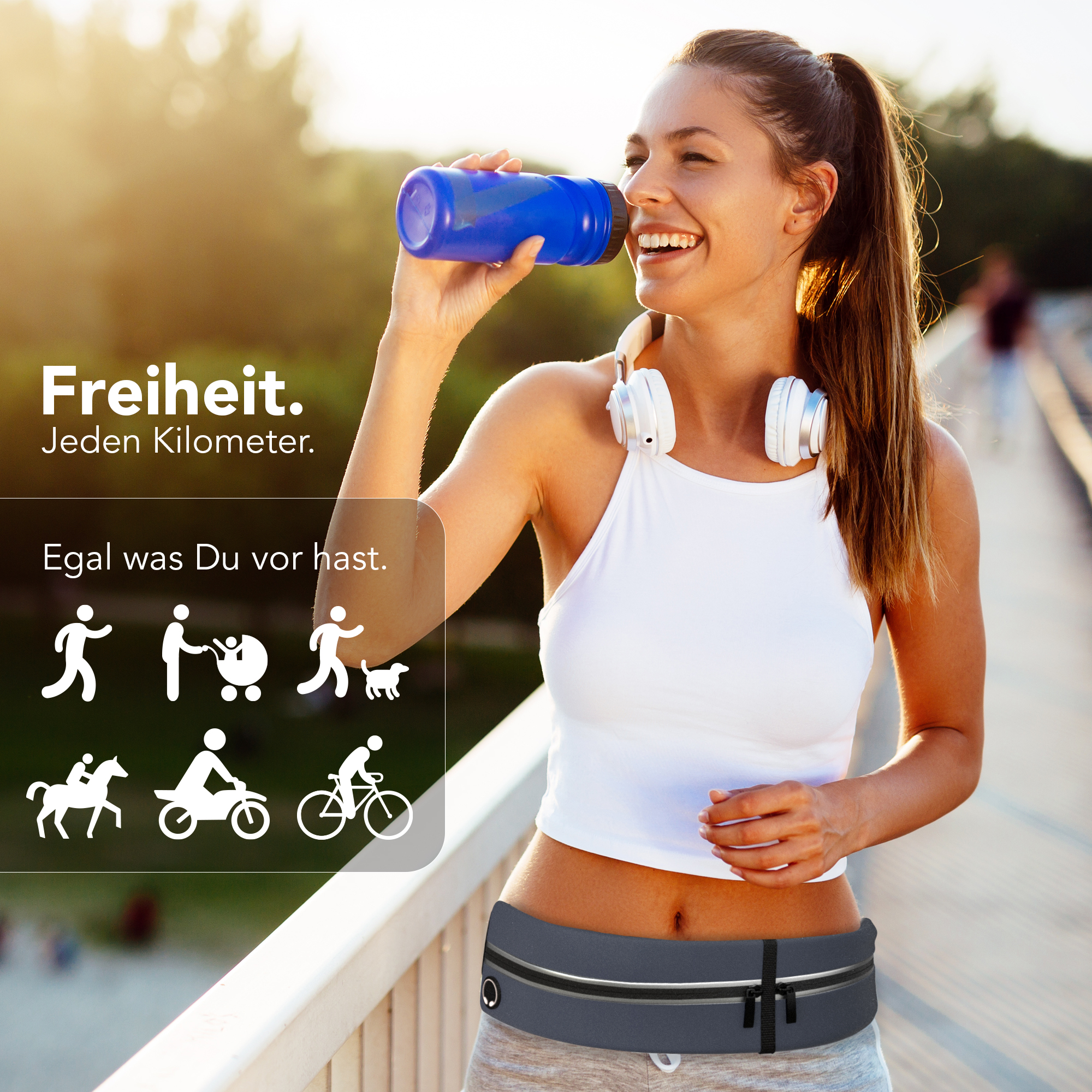 Frau trinkt Wasser beim Laufen, trägt Bauchtasche und Kopfhörer. Icons zeigen Aktivitäten.