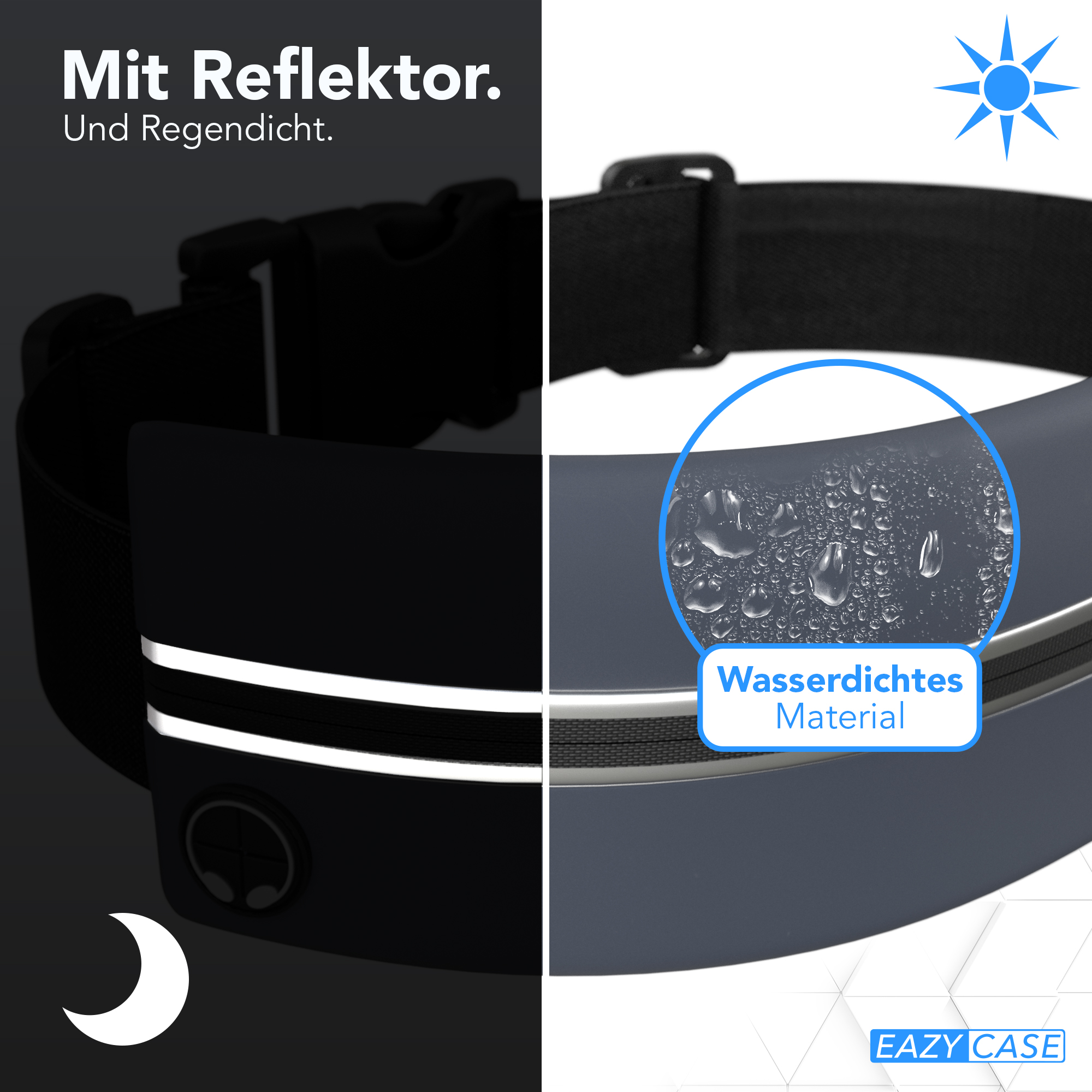 Schwarzer, reflektierender Laufgürtel. Detail zeigt wasserdichtes Material. Text: Reflektierend und regendicht.