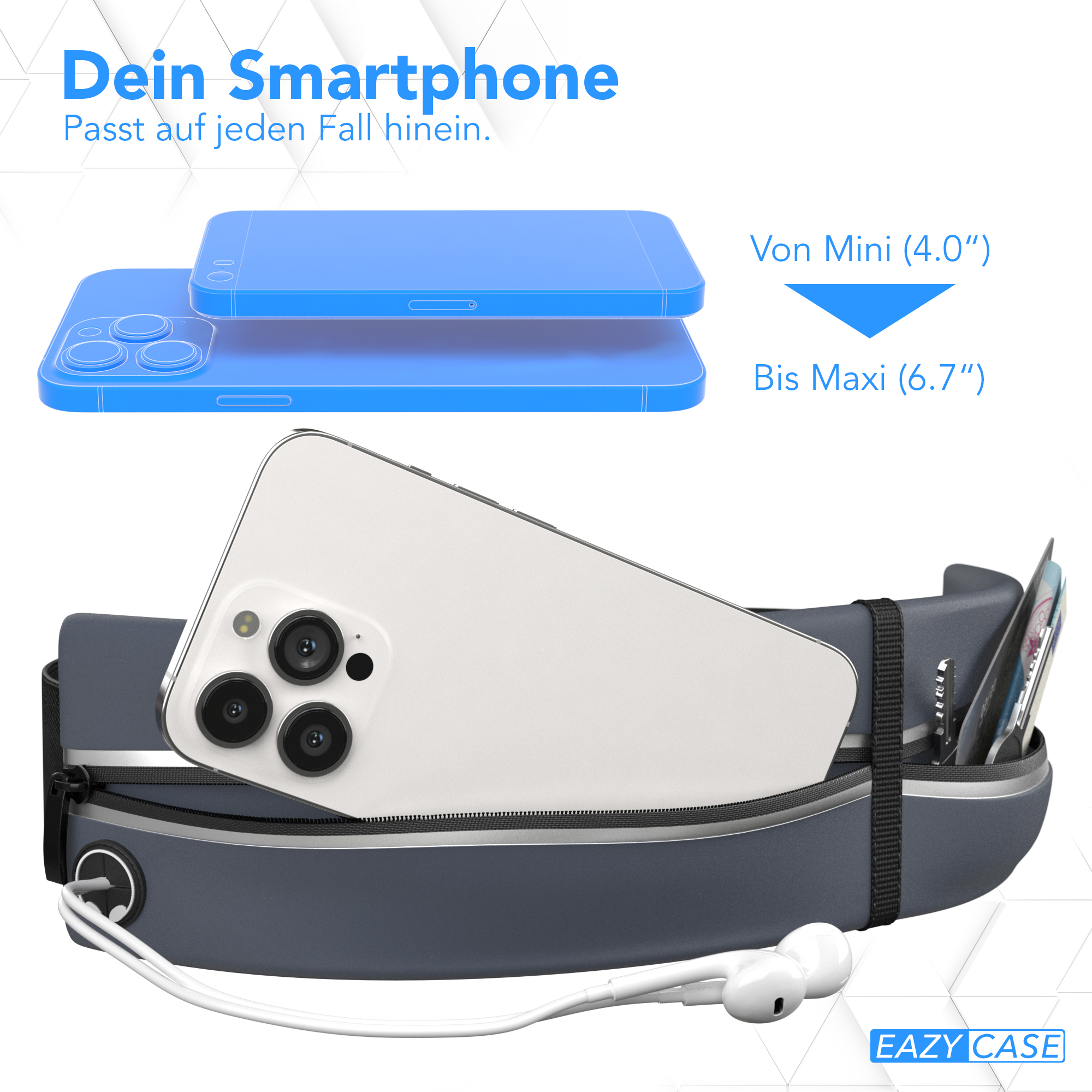 Graue Bauchtasche mit einem weißen Smartphone darin. Kopfhörer und Telefonumriss sind zu sehen.