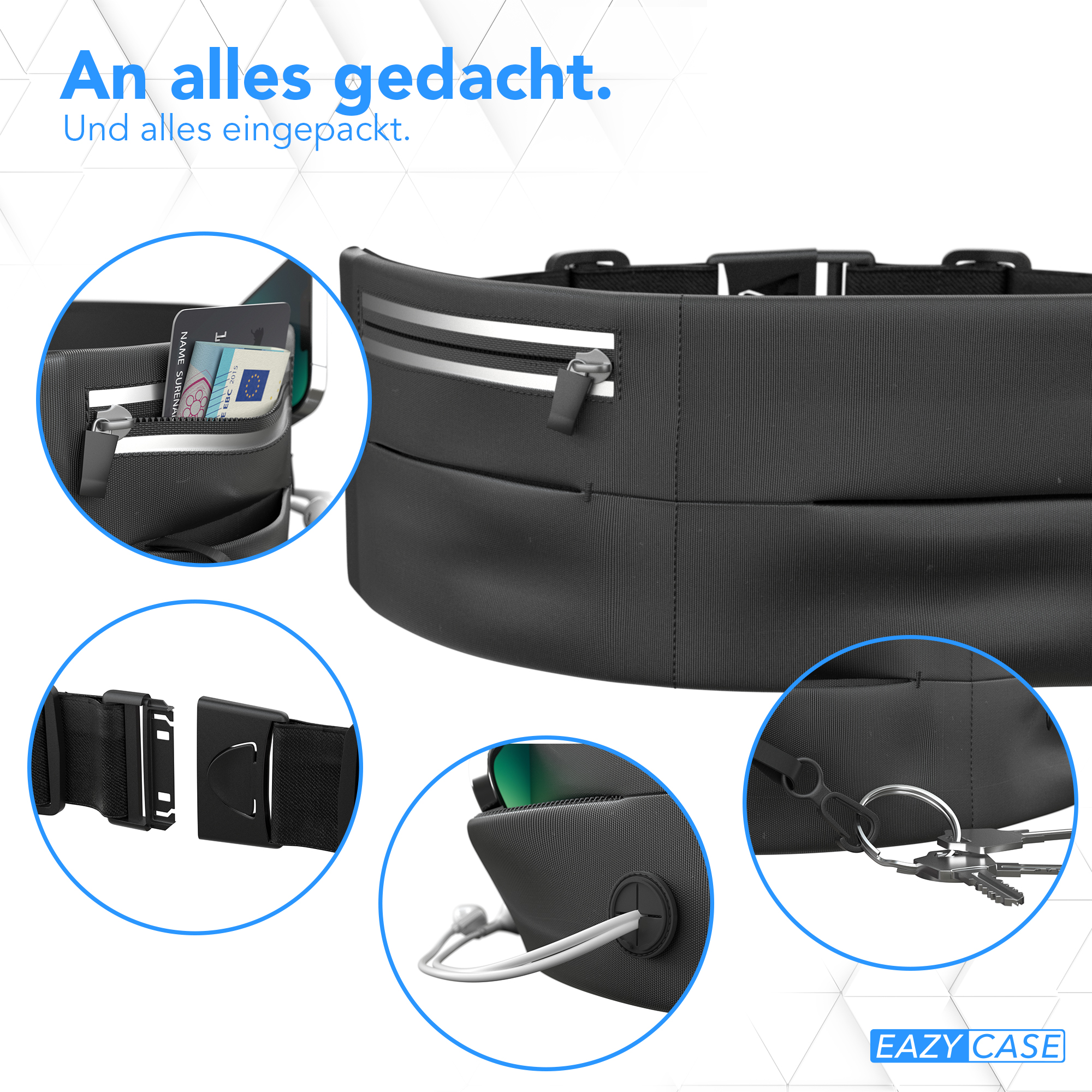 Schwarze Bauchtasche mit mehreren Fächern und Details zu ihren Funktionen, wie z.B. einem Schlüsselhalter.