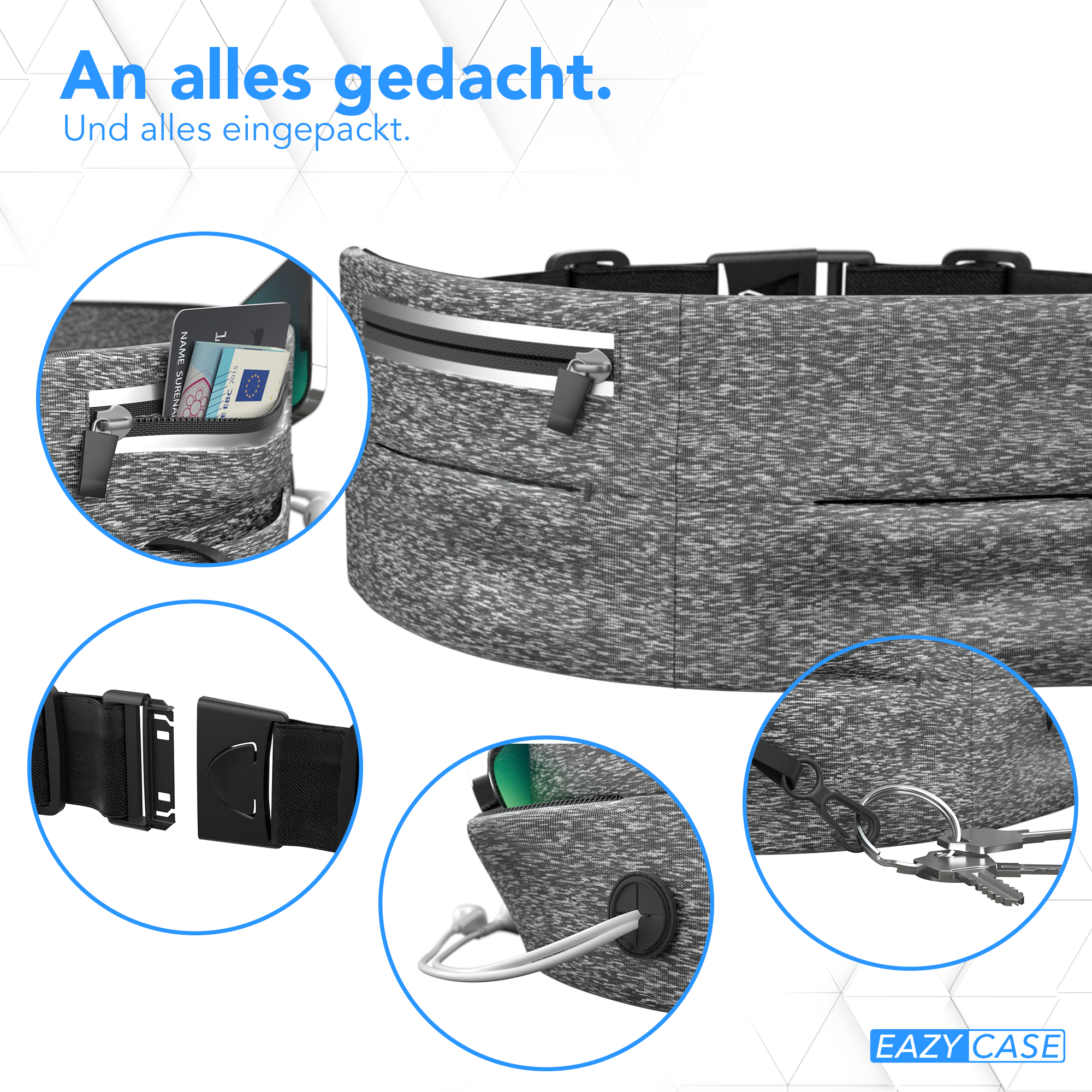 Graue Bauchtasche mit mehreren Fächern. Merkmale sind Reißverschluss, Schlüsselring und Kartenhalter.