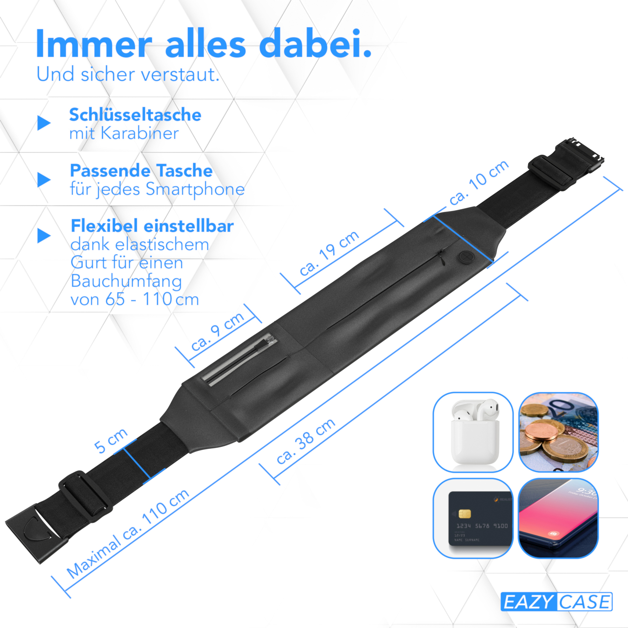 Schwarze Bauchtasche mit Maßen und Artikeln. Weißer Hintergrund.