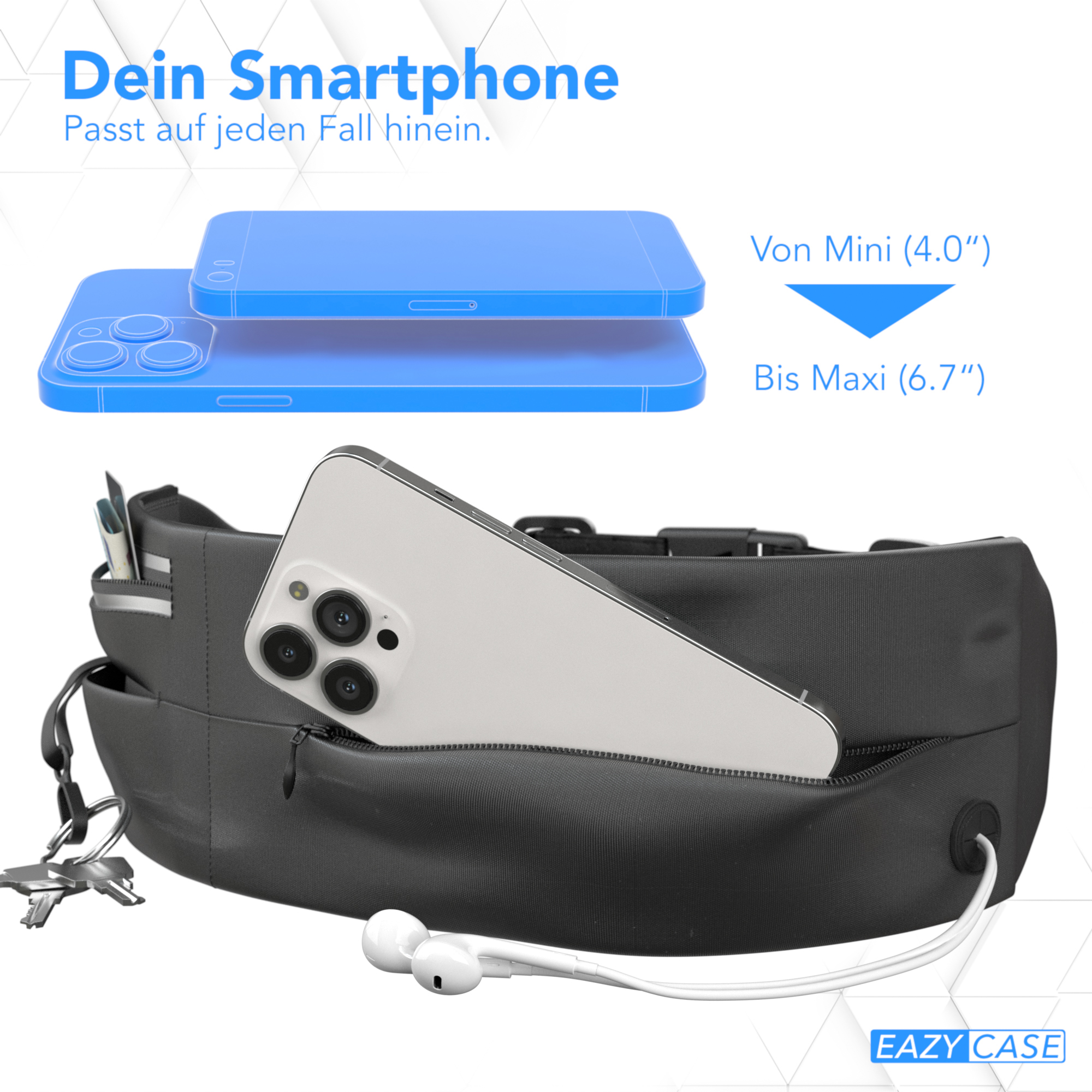 Schwarze Gürteltasche mit weißen Ohrhörern und Schlüsseln. Zwei Telefone zum Größenvergleich gezeigt.