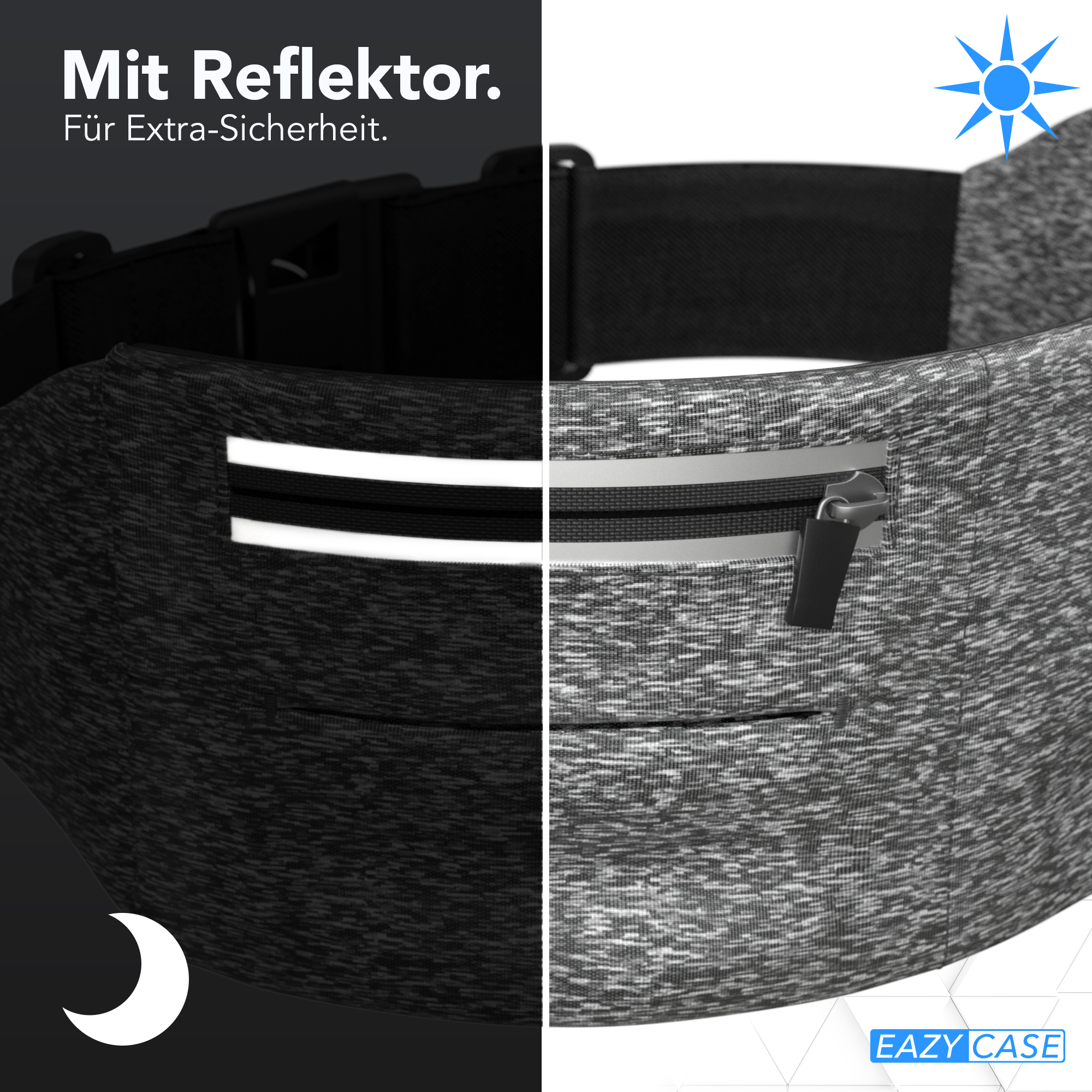 Schwarz-graue Bauchtasche mit weißem Reflexstreifen und Reißverschluss.
