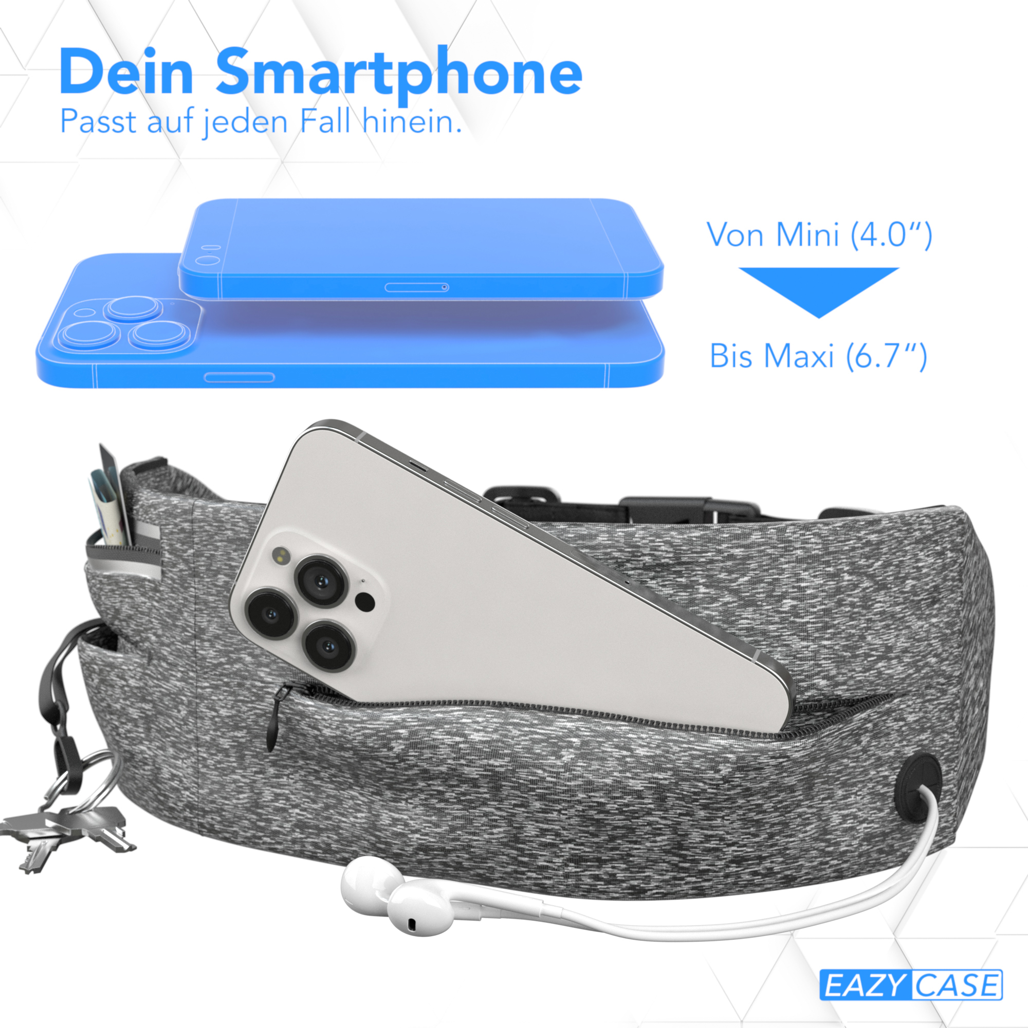 Graue Bauchtasche mit weißem Telefon, Schlüsseln und Kopfhörern. Text: Dein Smartphone, passt von Mini bis Maxi.