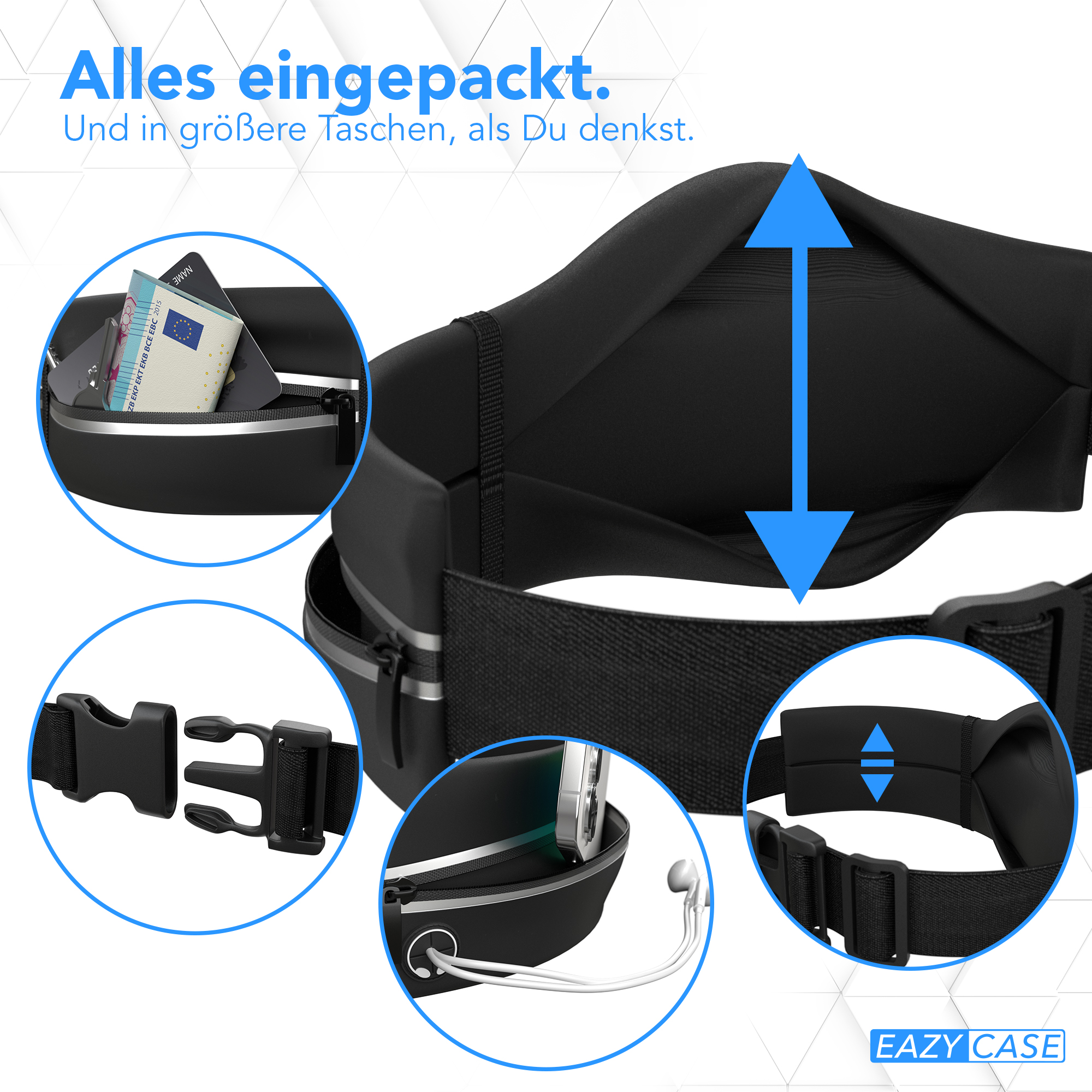 Schwarze Bauchtasche mit Details. Nahaufnahme einer schwarzen Bauchtasche mit Fächern und Reißverschluss.
