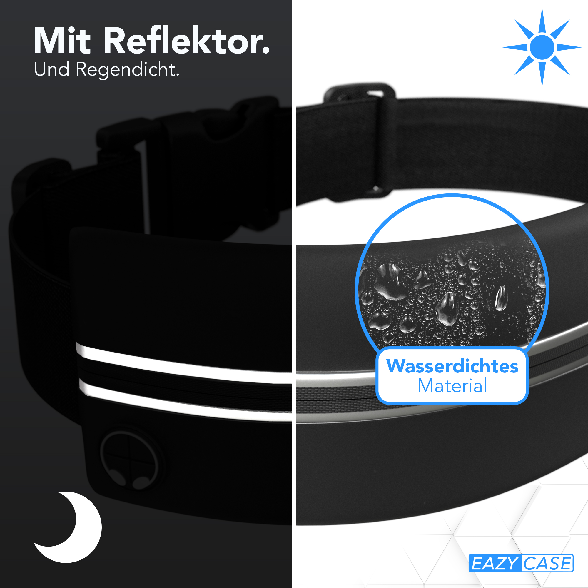 Schwarzer reflektierender Gürtel mit weißem Streifen. Szene zeigt die reflektierenden und wasserdichten Eigenschaften.
