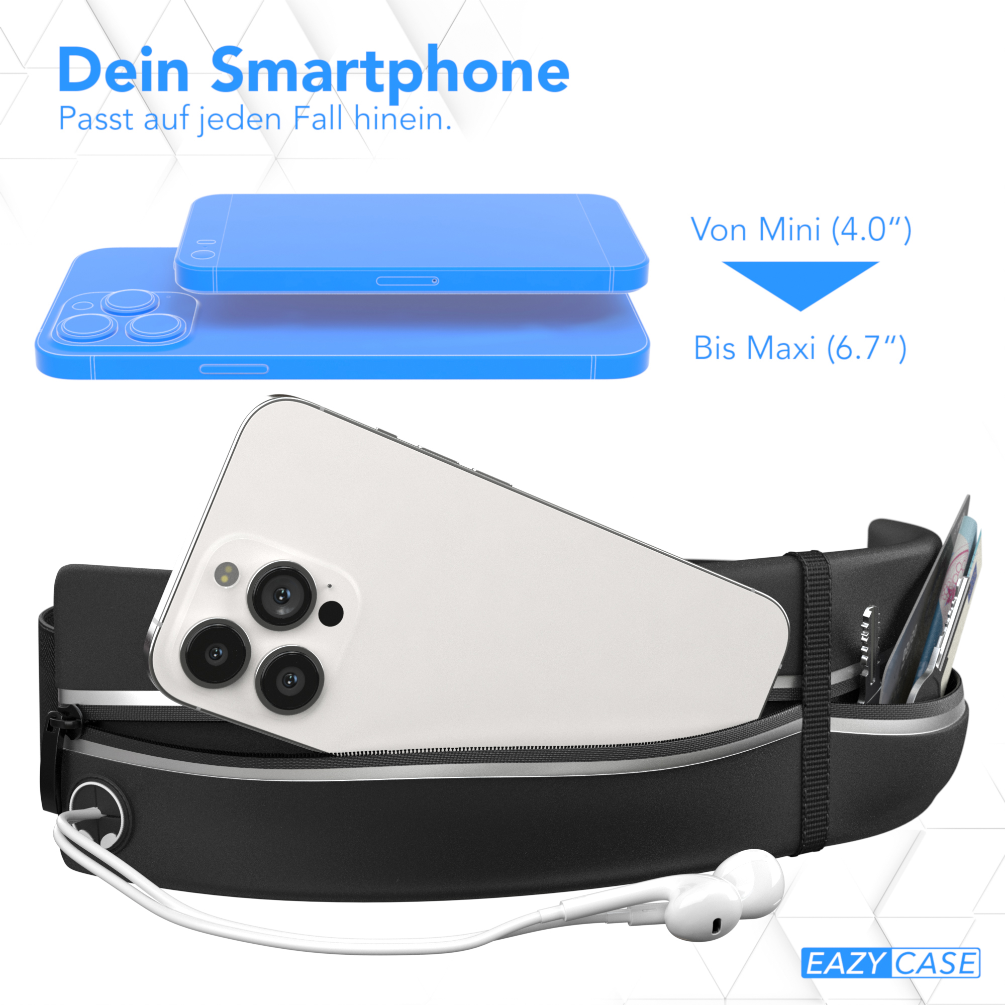 Schwarze Bauchtasche mit weißem Smartphone und Ohrhörern. Blaue Telefone im Hintergrund.