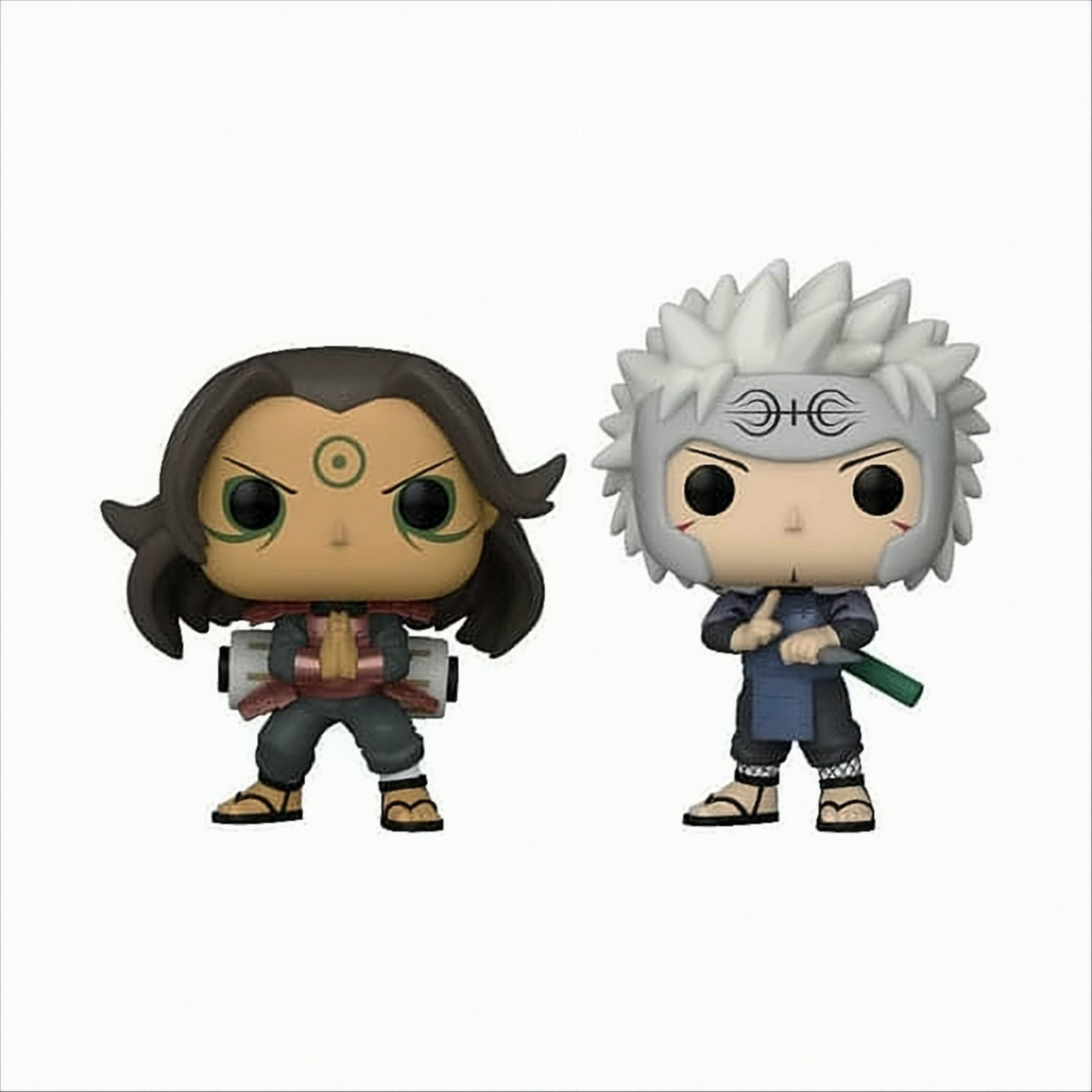 Zwei Funko Pop Figuren, eine mit braunem Kopf, die andere mit weißen Haaren.