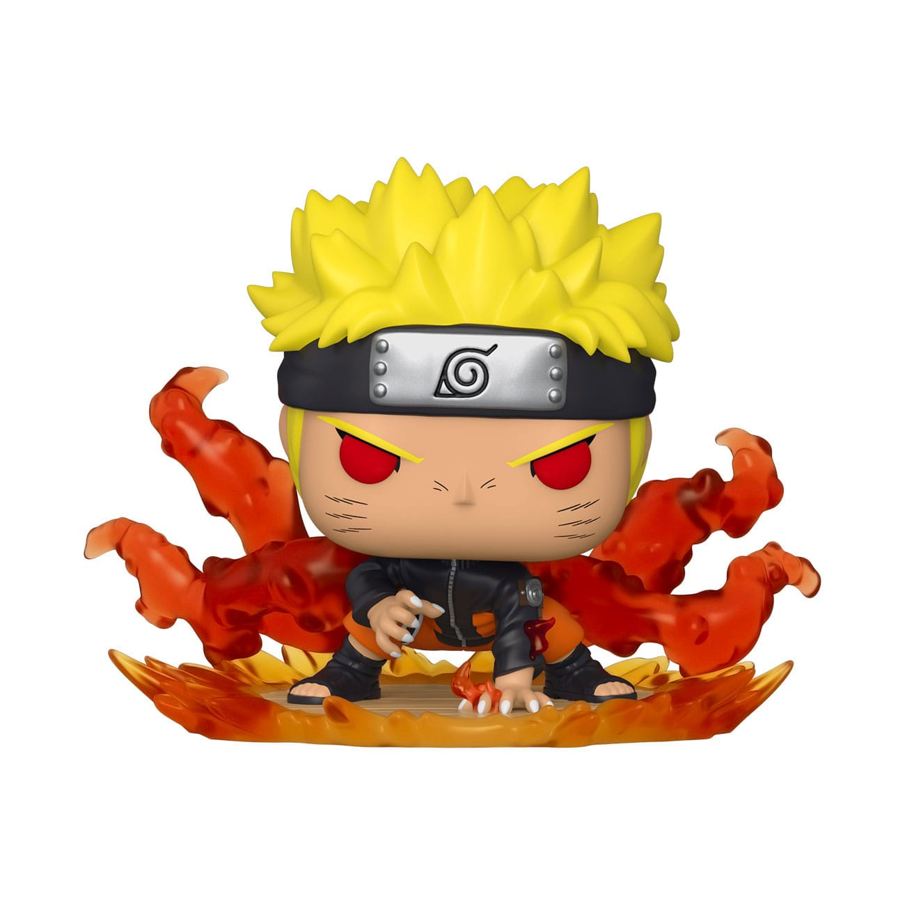 Naruto Funko Pop Figur. Naruto ist in einer dynamischen Pose, umgeben von orangefarbenem Feuer. Er hat gelbes Haar.