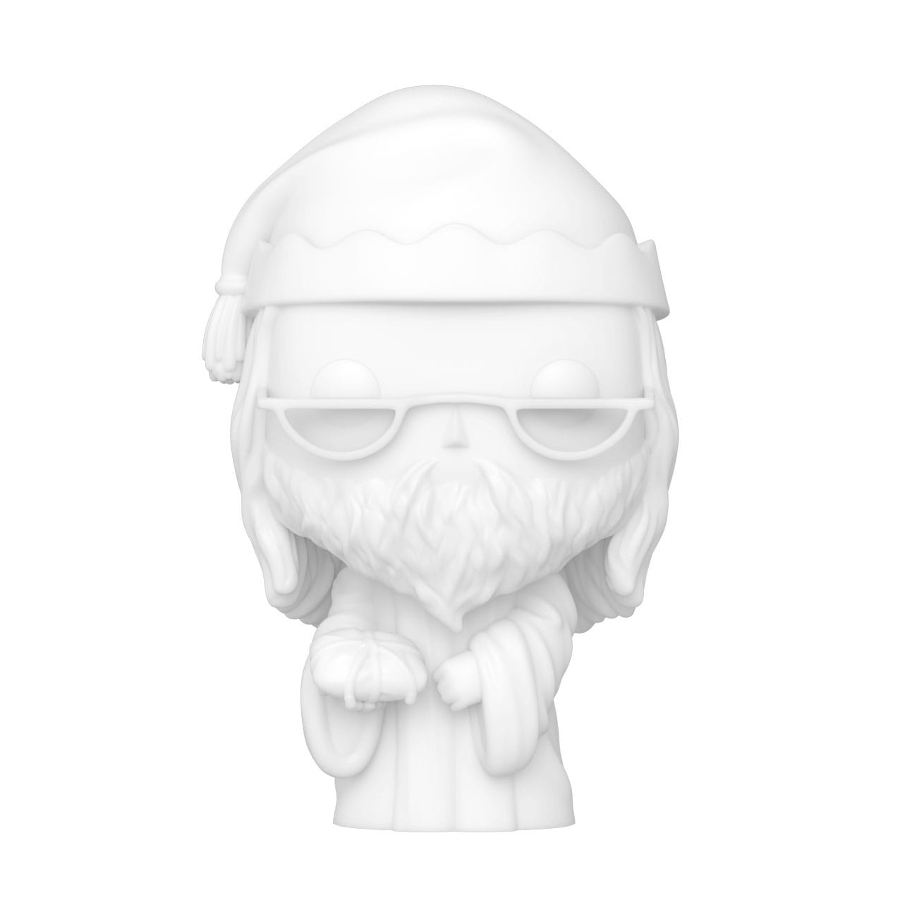 Una figura Funko Pop bianca di un uomo con occhiali, barba e cappello da Babbo Natale.