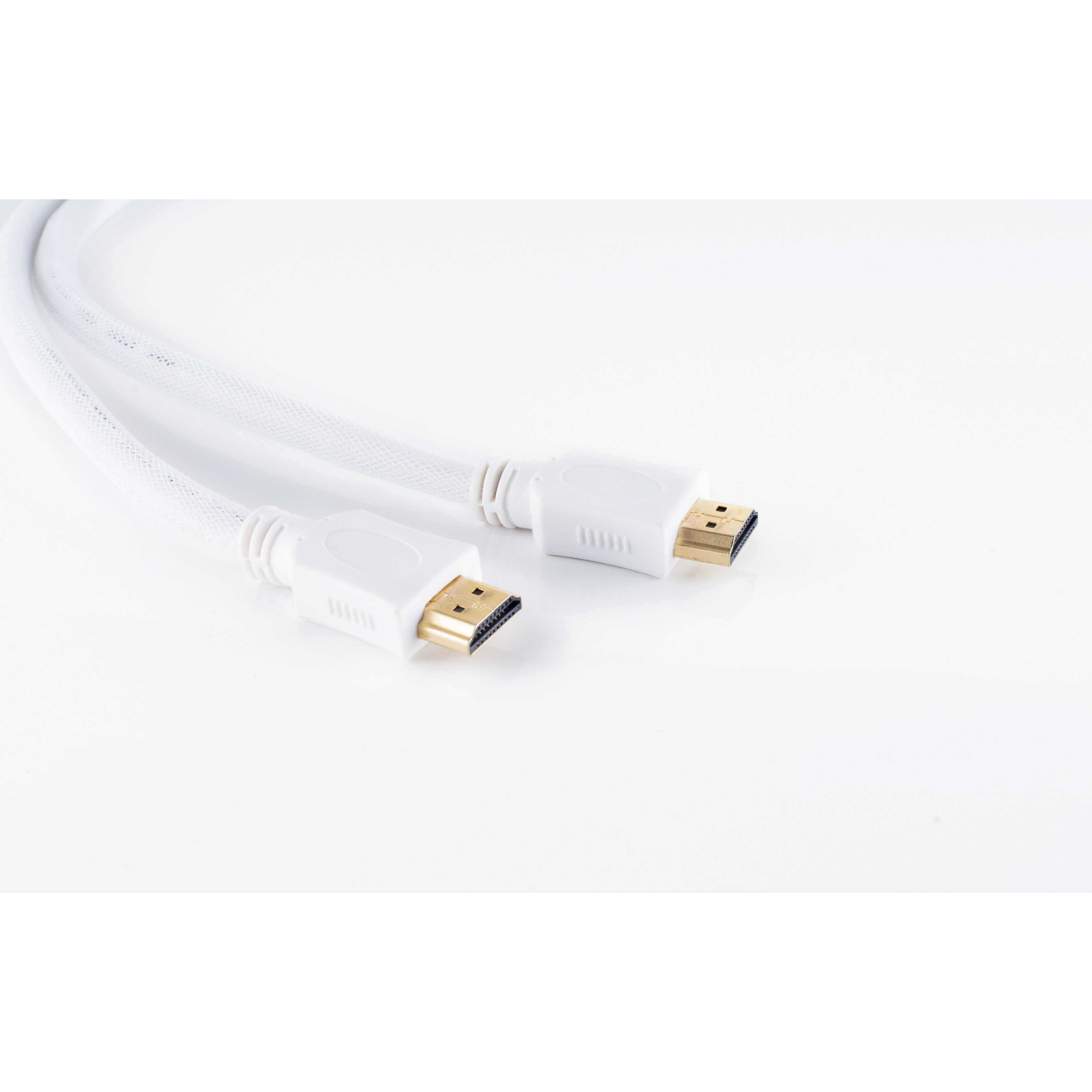 Zwei weiße HDMI-Kabel mit weißen Steckern und goldfarbenen HDMI-Anschlüssen.