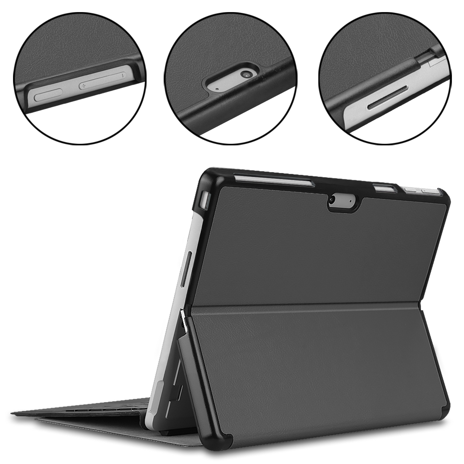 Schwarzes Tabletetui mit Tablet. Details: Seitentasten, Kamera und Anschluss.