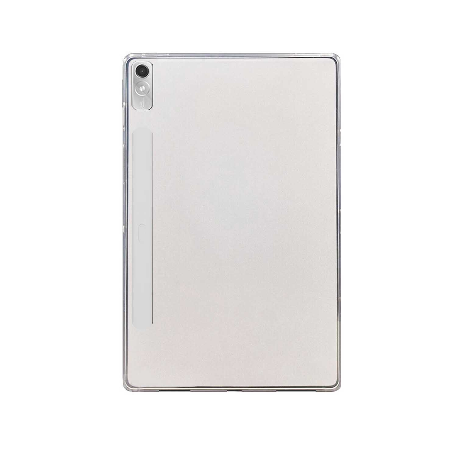 Silbernes Tablet mit transparentem Gehäuse. Das Tablet befindet sich auf weißem Hintergrund.