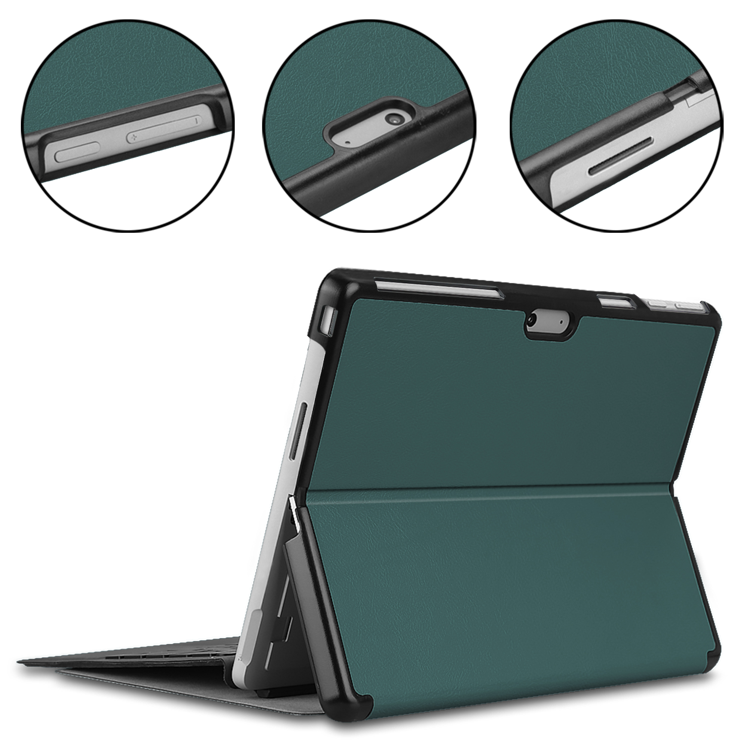Grüne Tablet-Hülle geöffnet, mit Nahaufnahmen von Knöpfen und Kamerabereichen.
