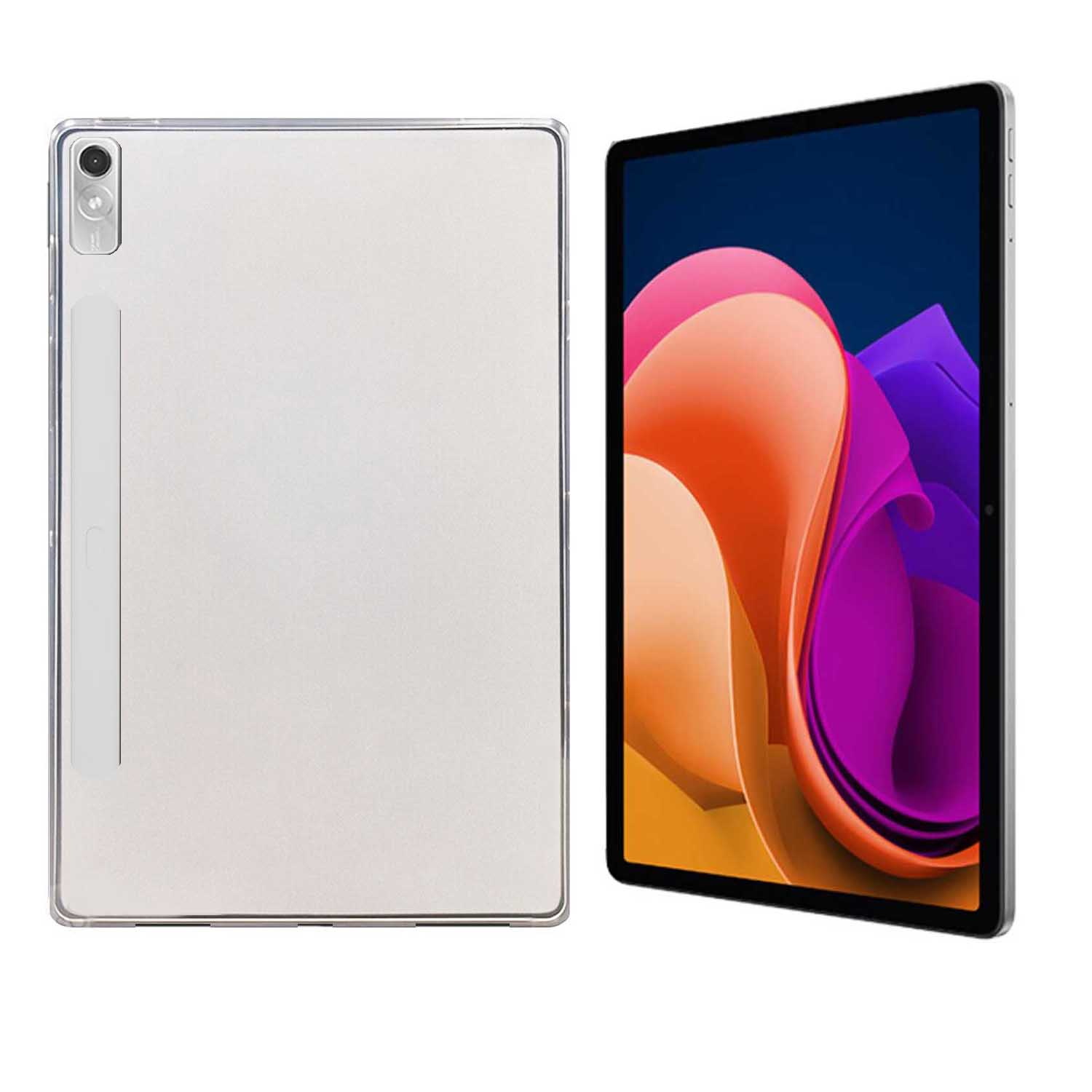 Tablet, silberner Rücken, schwarze Vorderseite. Display mit bunten abstrakten Formen.