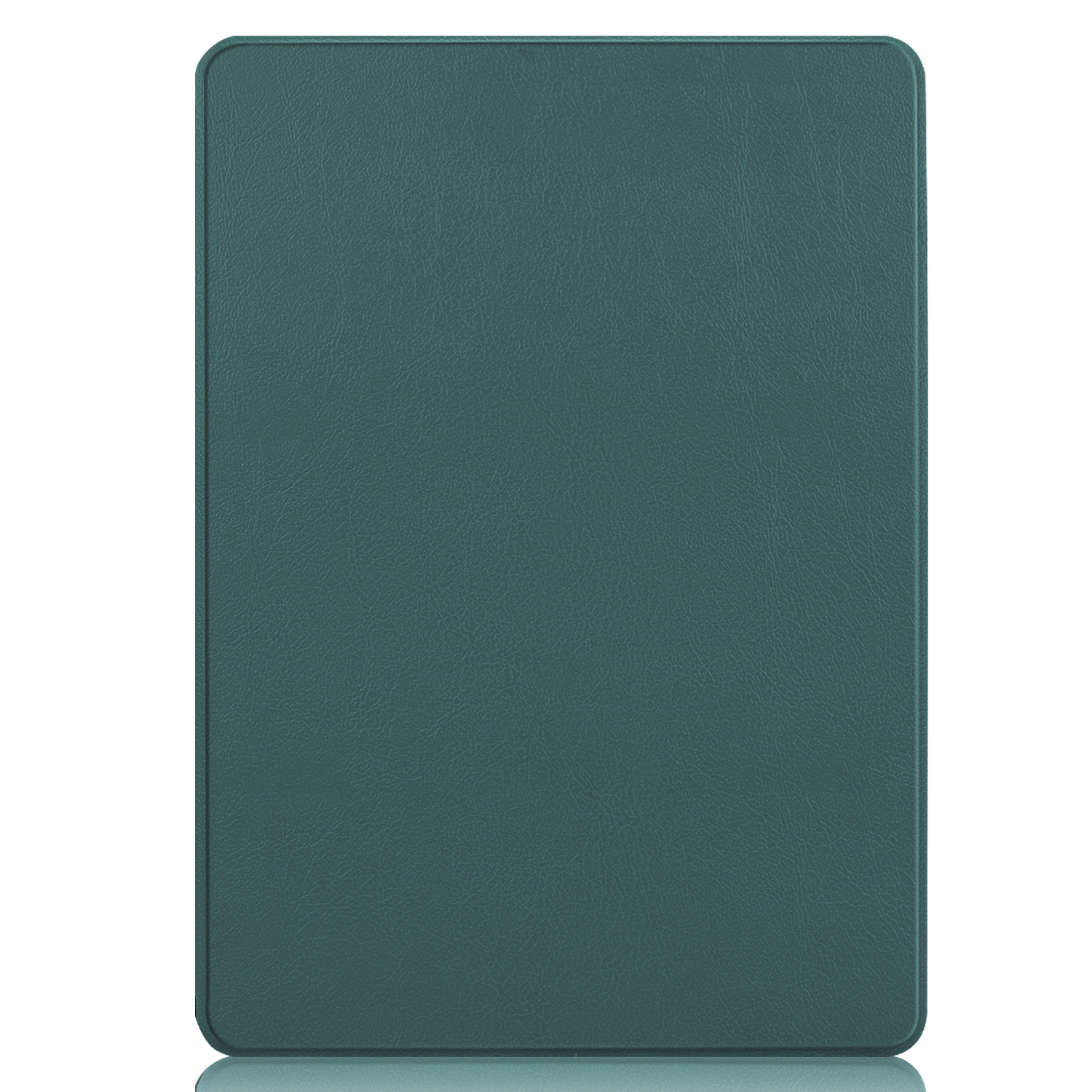 Grüne Tablet-Hülle. Es hat eine einfarbige grüne Farbe. Die Hülle hat eine glatte Oberfläche mit leichter Reflexion.