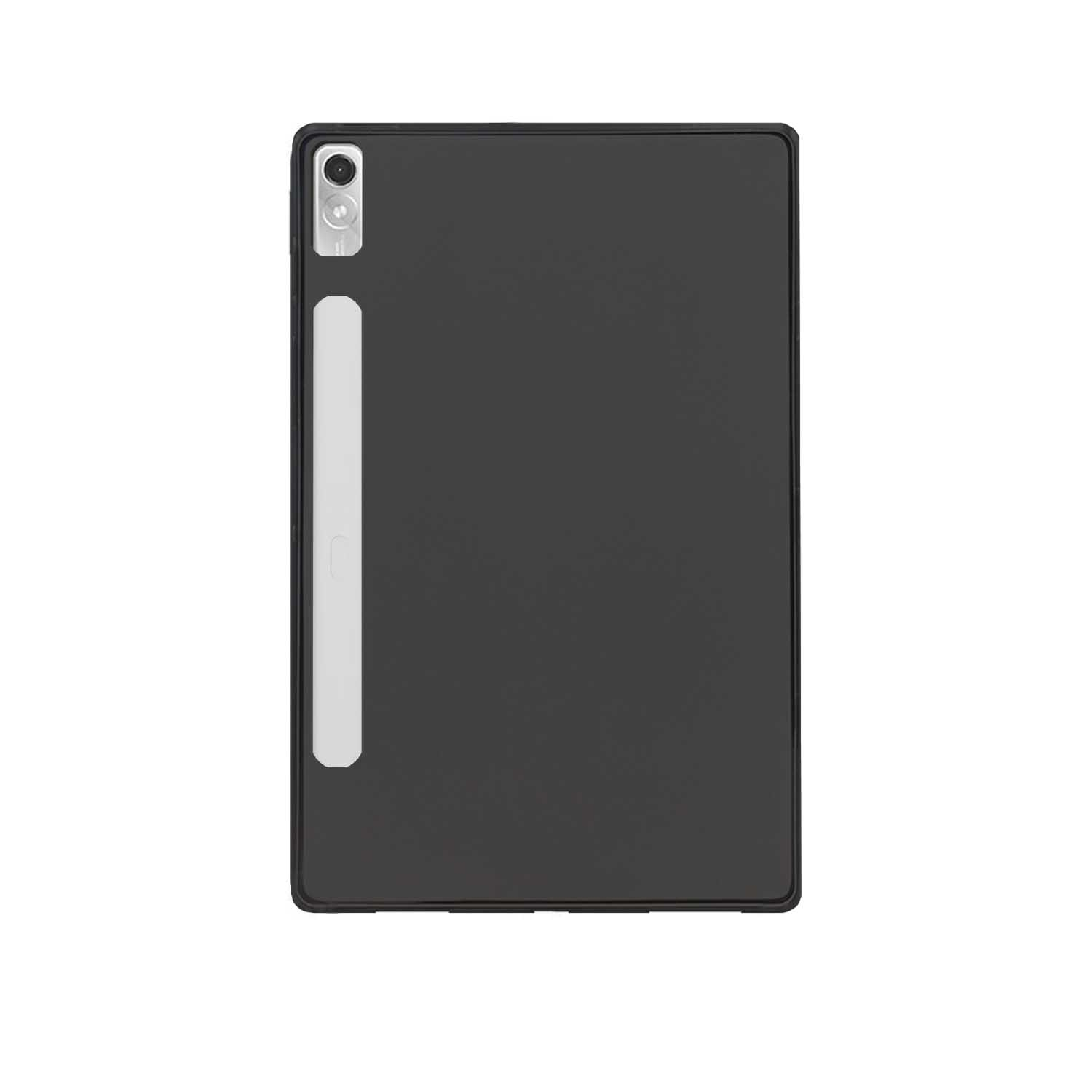 Schwarze Tablet-Hülle mit weißem Balken und Kameraausschnitt auf der Rückseite.