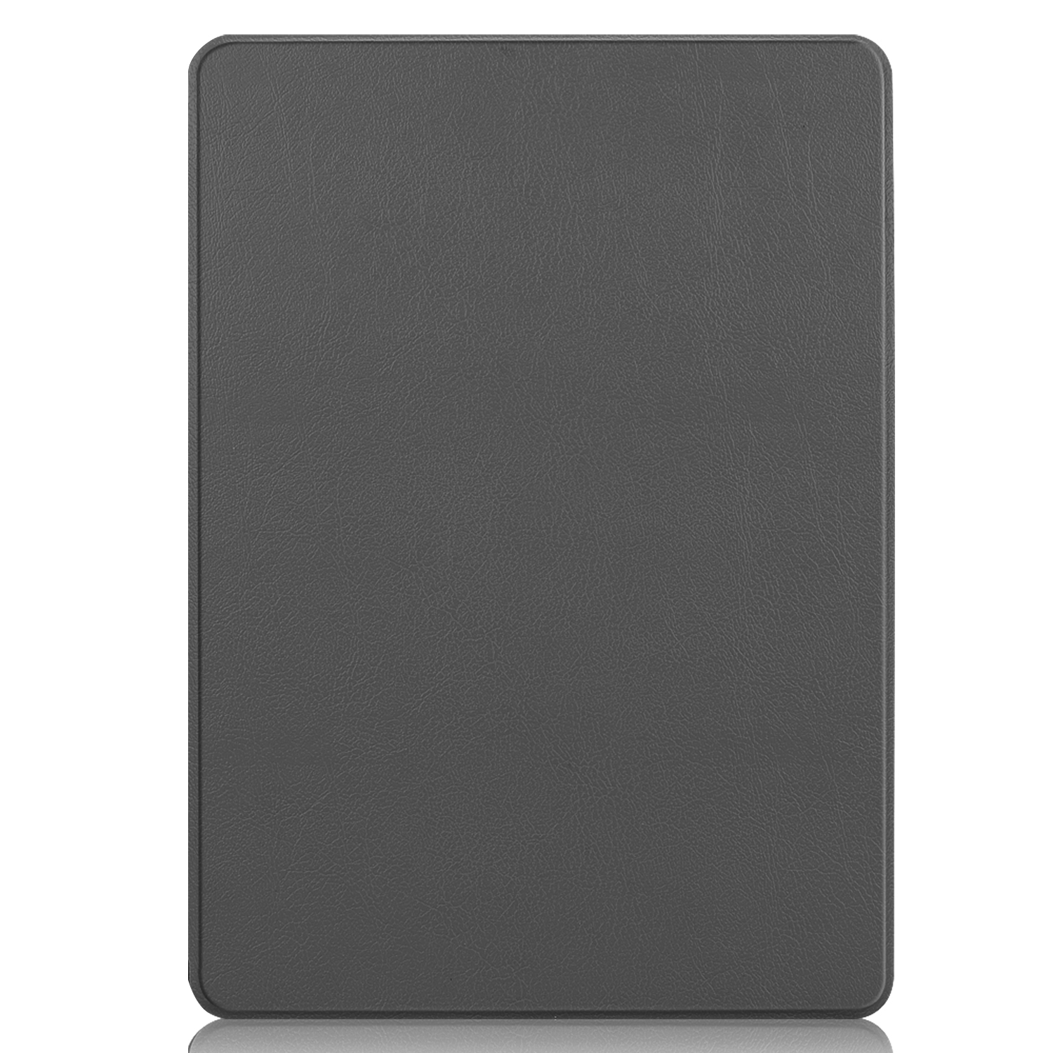 Eine graue Tablethülle, geschlossen und lederartig. Sie ist rechteckig und hat eine glatte Oberfläche. Die Hülle spiegelt sich.