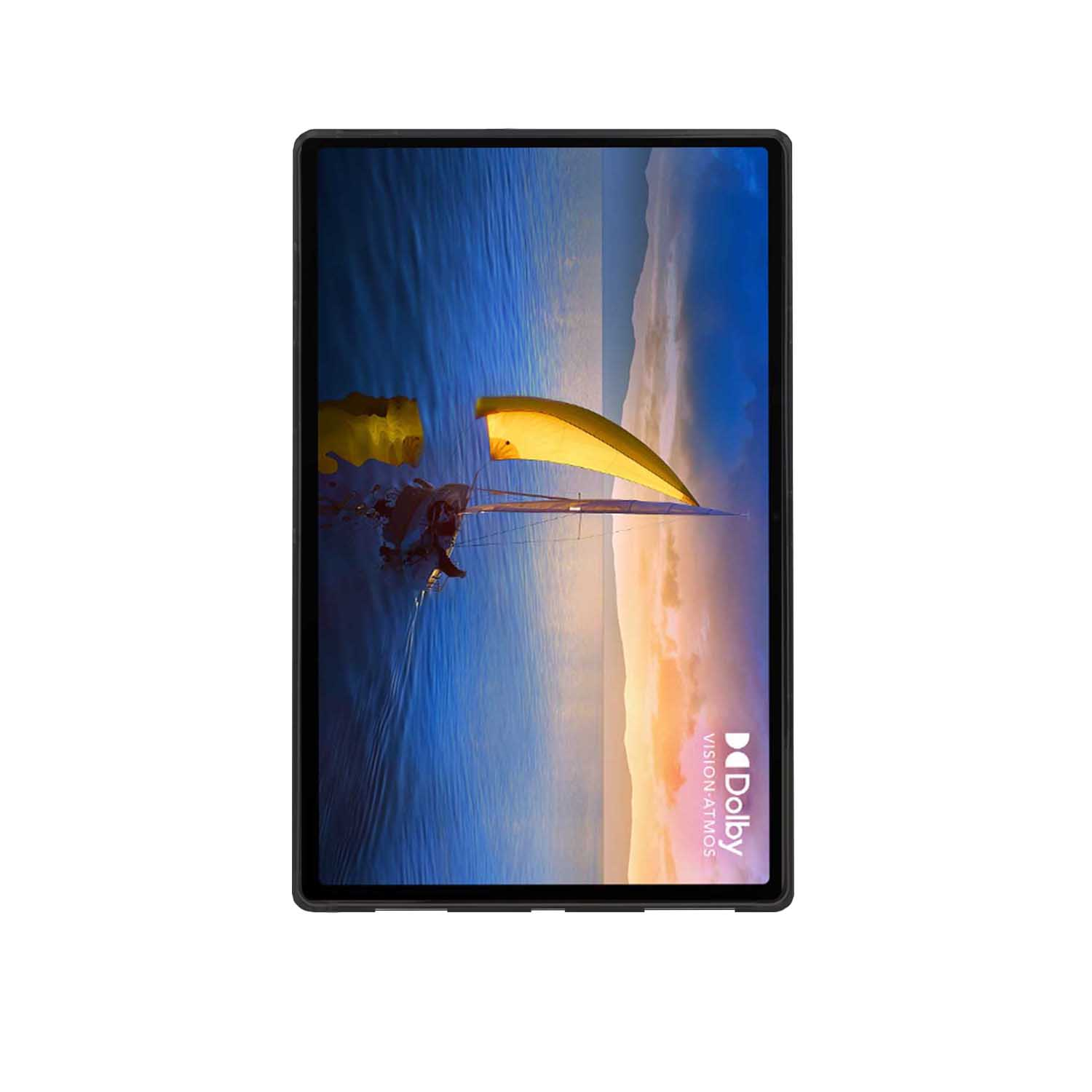 Ein Tablet-Bildschirm, der eine Segelbootszene mit dem Dolby Vision Atmos-Logo zeigt.