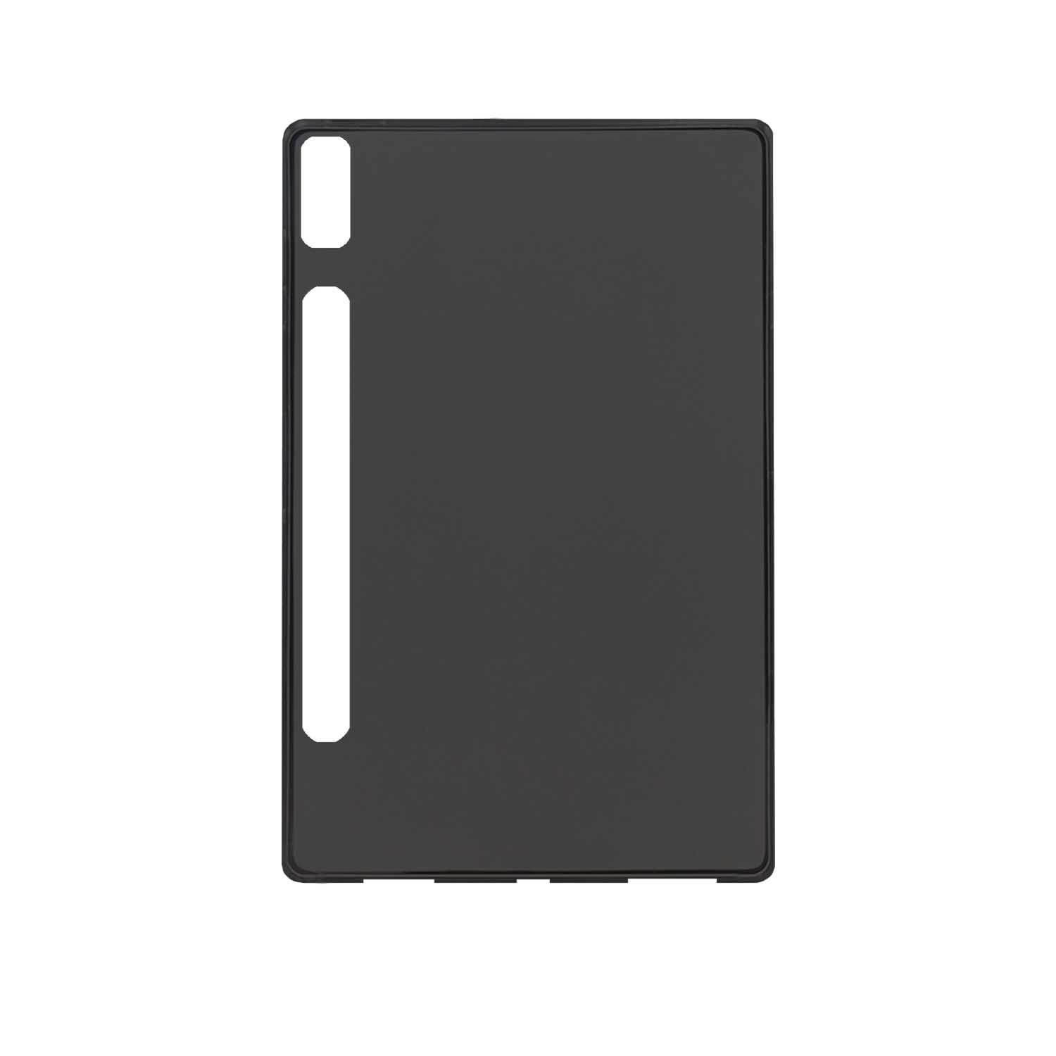 Eine schwarze Tablethülle mit Aussparungen für Kamera und Stift. Die Hülle ist leer.