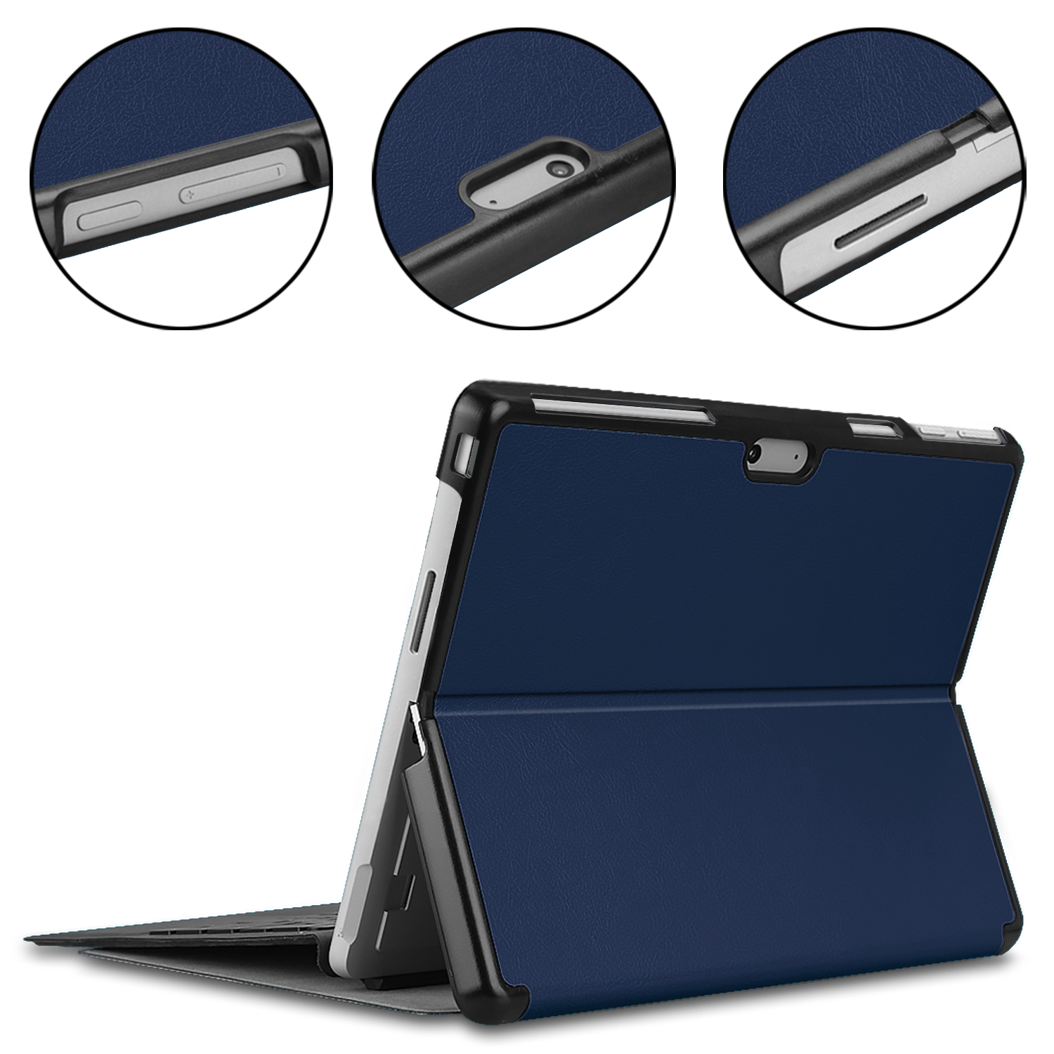Tablet-Hülle mit dunkelblauem Bezug. Die Hülle hat einen schwarzen Rahmen und mehrere Aussparungen.