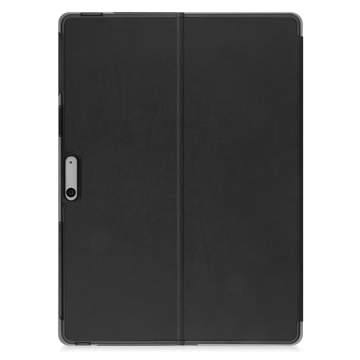 Schwarze Tablethülle, geschlossen, mit Stifthalter an der Seite, isoliert auf weißem Hintergrund.