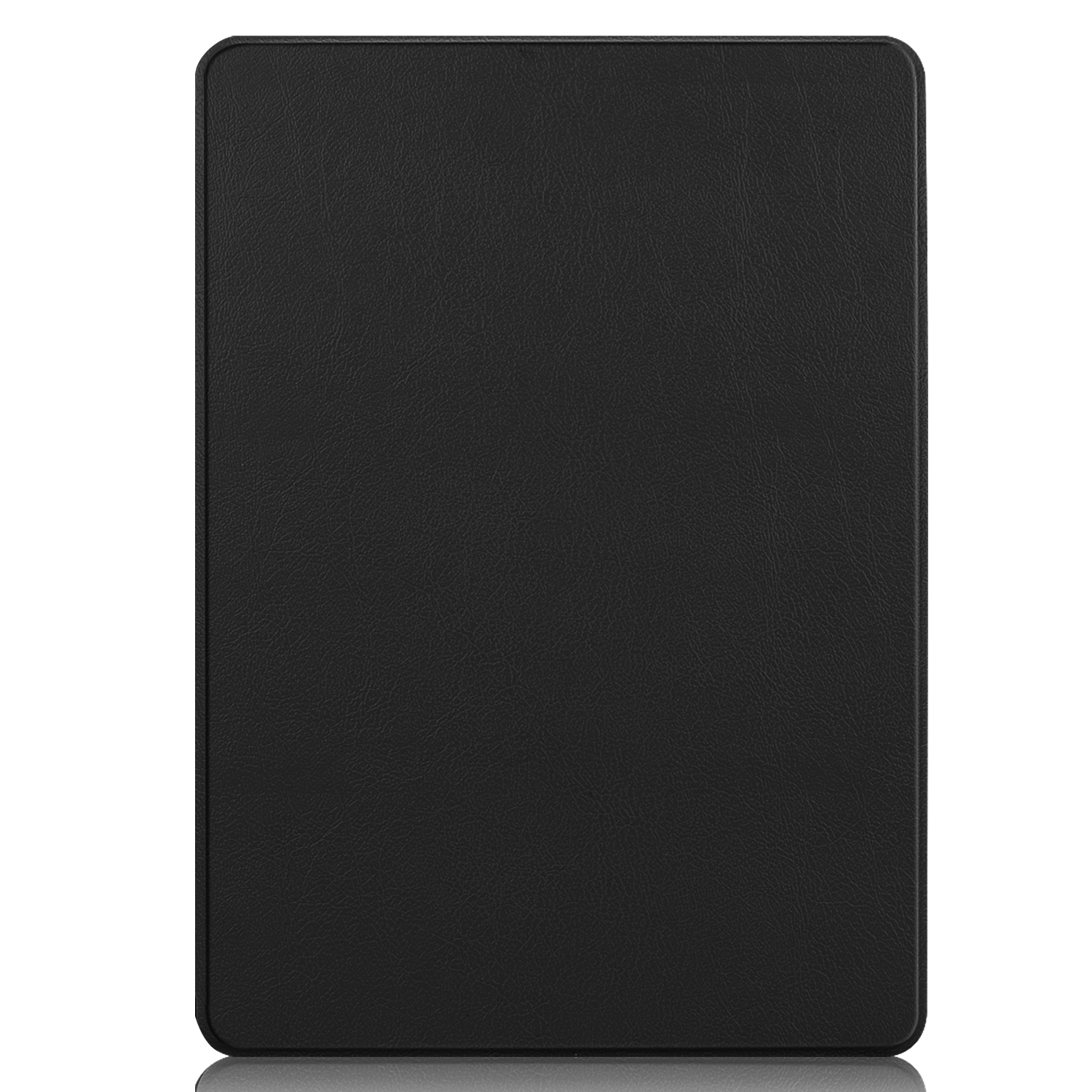 Schwarze lederartige Tablettasche, geschlossen, mit reflektierender Oberfläche.