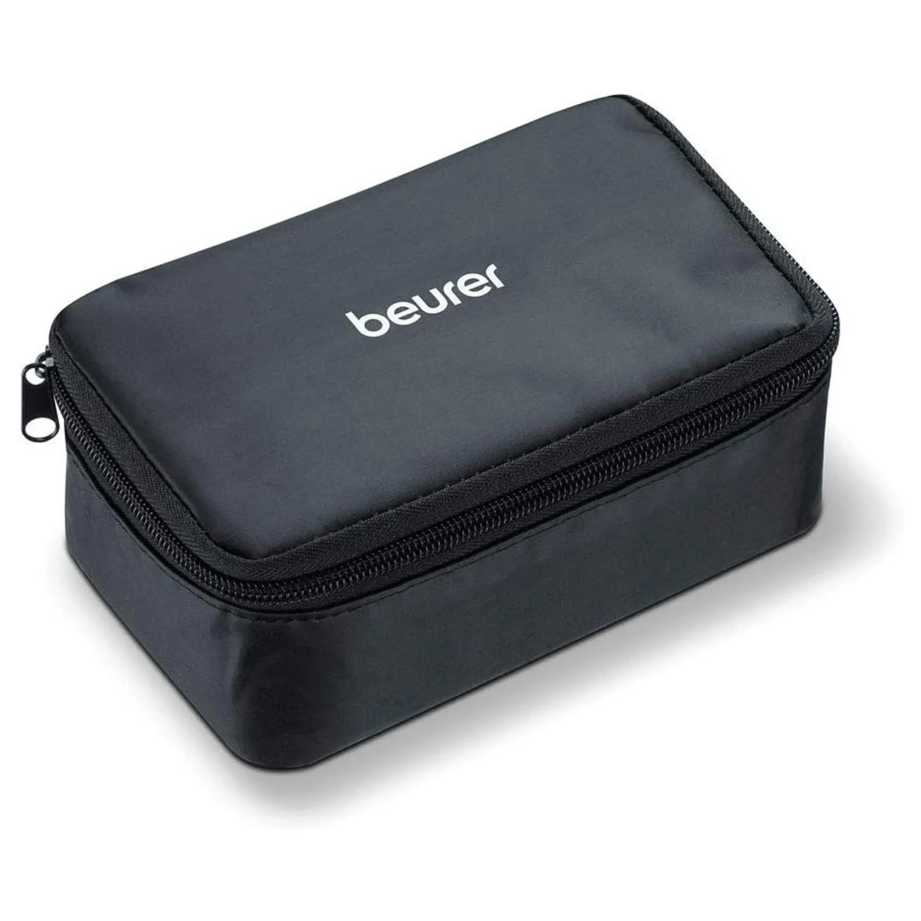 Una funda negra con cremallera con la palabra "beurer" en blanco. Está cerrada y sobre una superficie blanca.