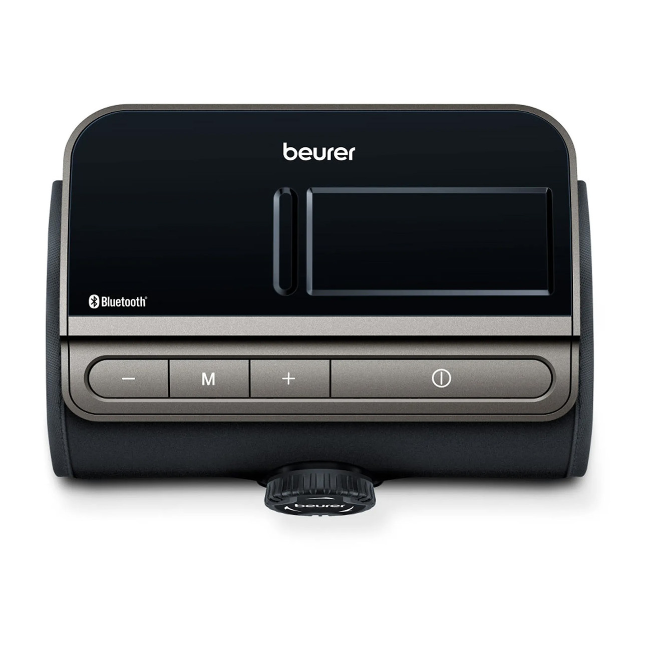 Ein schwarz-graues Blutdruckmessgerät. Knöpfe sind unten. Ein Bluetooth-Logo ist vorhanden.