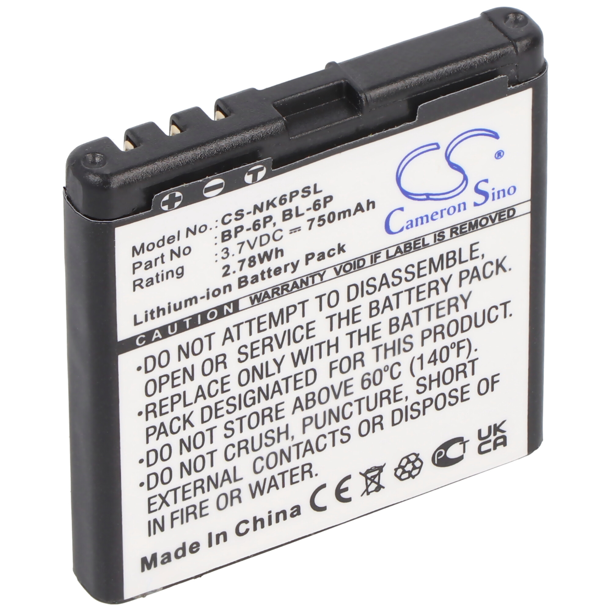 Ein Lithium-Ionen-Akkupack mit Text und Warnhinweisen. Es hat einen schwarzen Körper mit weißem Text.